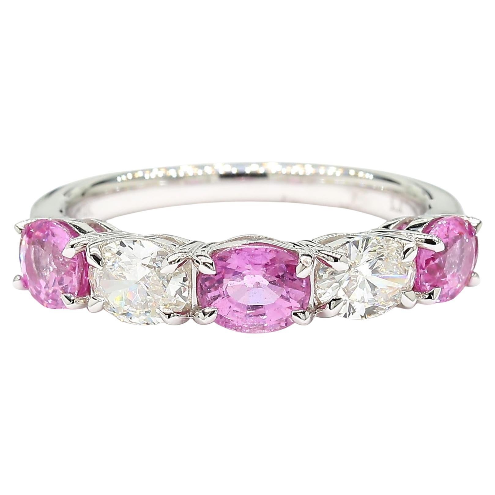 Natural Pink Oval Sapphire and White Diamond 1.97 Carat TW Gold Wedding Band