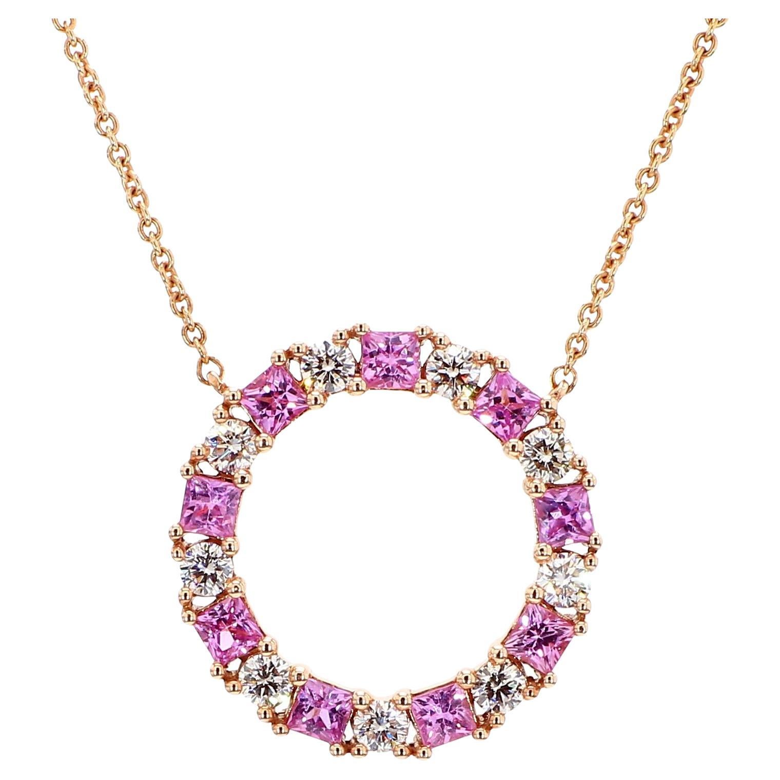 Natural Pink Princess Sapphire and White Diamond 1.60 Carat TW Gold Drop Pendant