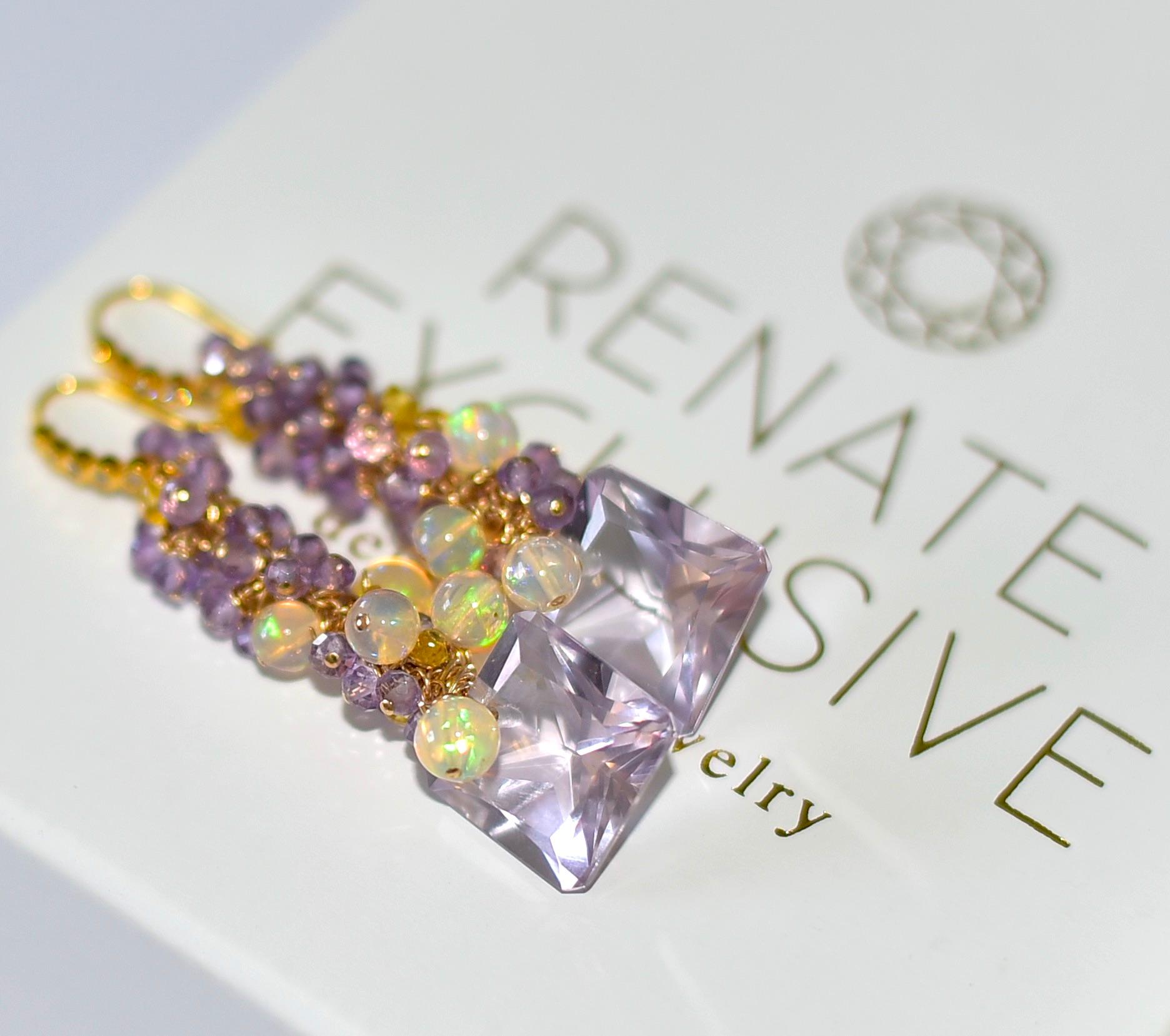 Artisan Natural Pink, Purple Amethyst, Sapphire, Opal Earrings in 14K Solid Yellow Gold For Sale