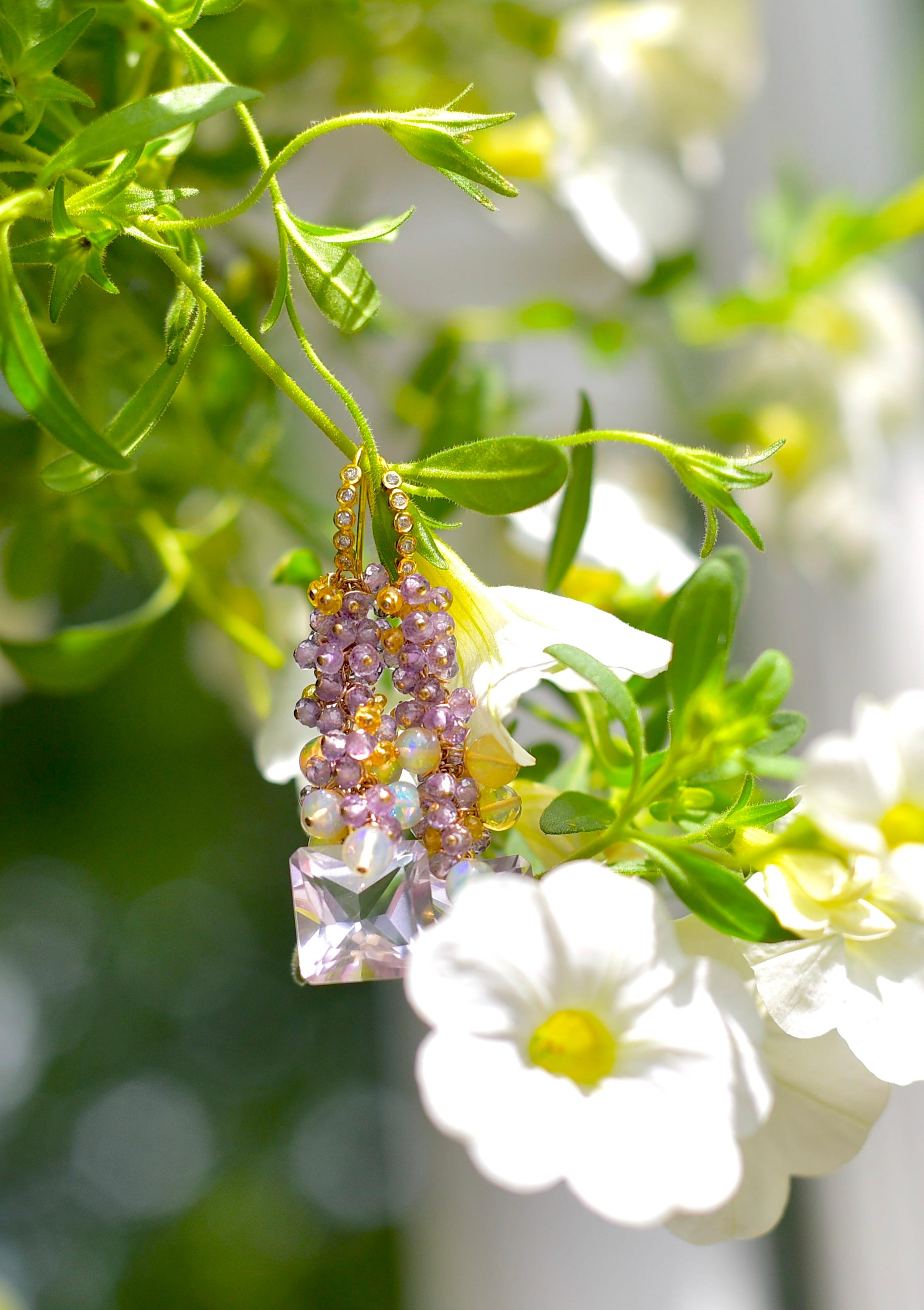 
Unique moving earrings where I used Natural Pink Amethyst stone, Amethyst stones, Opal, and Yellow Sapphire to adorn the beauty of these earrings just for your ears!
Total length: 1.8inches
Natural Pink Amethyst: 14mmx14mm
Natural Amethyst beads,