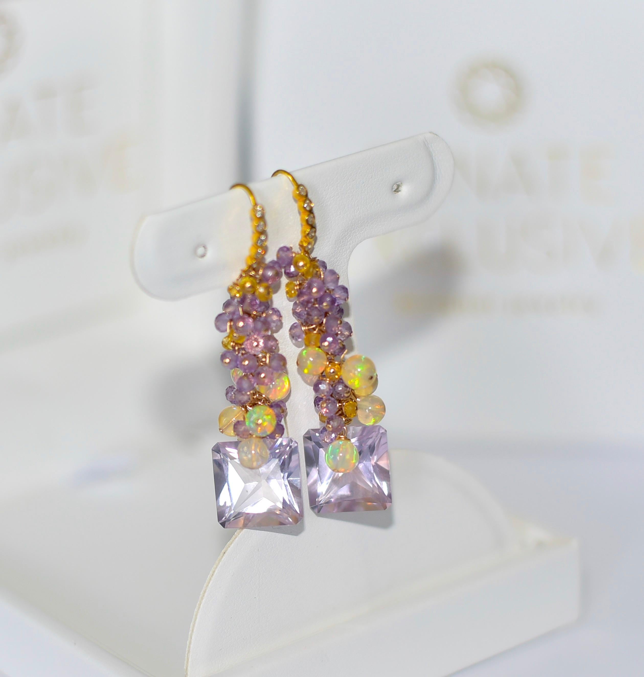 Natural Pink, Purple Amethyst, Sapphire, Opal Earrings in 14K Solid Yellow Gold In New Condition For Sale In Astoria, NY