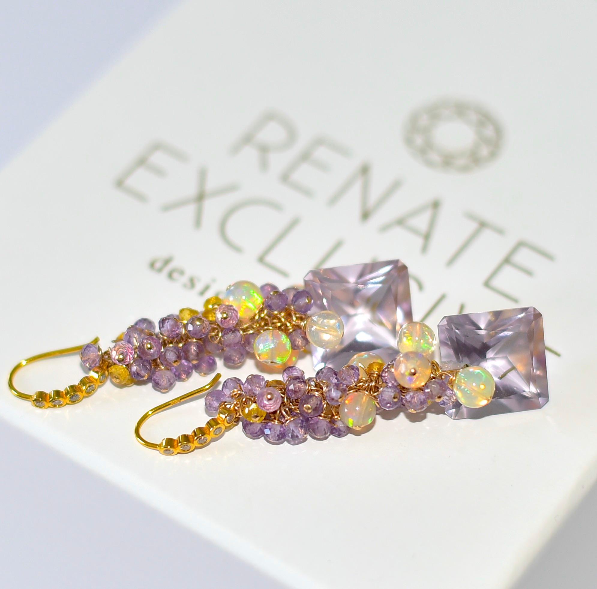 Women's Natural Pink, Purple Amethyst, Sapphire, Opal Earrings in 14K Solid Yellow Gold For Sale