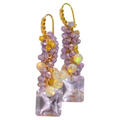 Natural Pink, Purple Amethyst, Sapphire, Opal Earrings in 14K Solid Yellow Gold