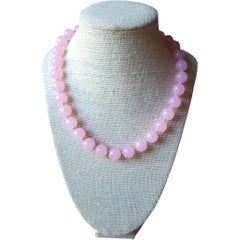 Collana di perle di quarzo rosa naturale - Filo di gemme di colore rosa tenue, chiusura in argento
