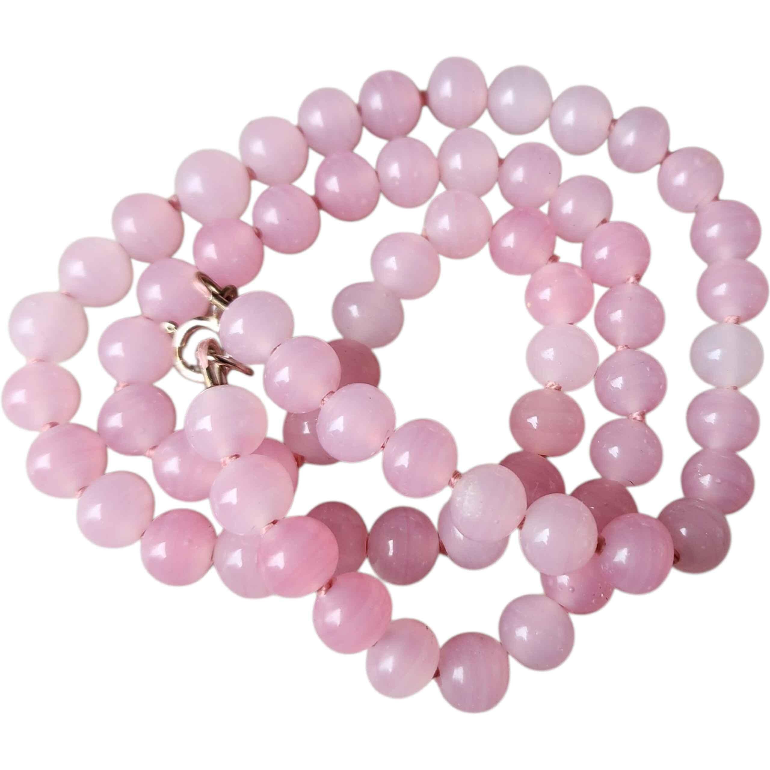Perlina Collana di perle di quarzo rosa naturale - Filo di gemme di colore rosa tenue, chiusura in argento in vendita