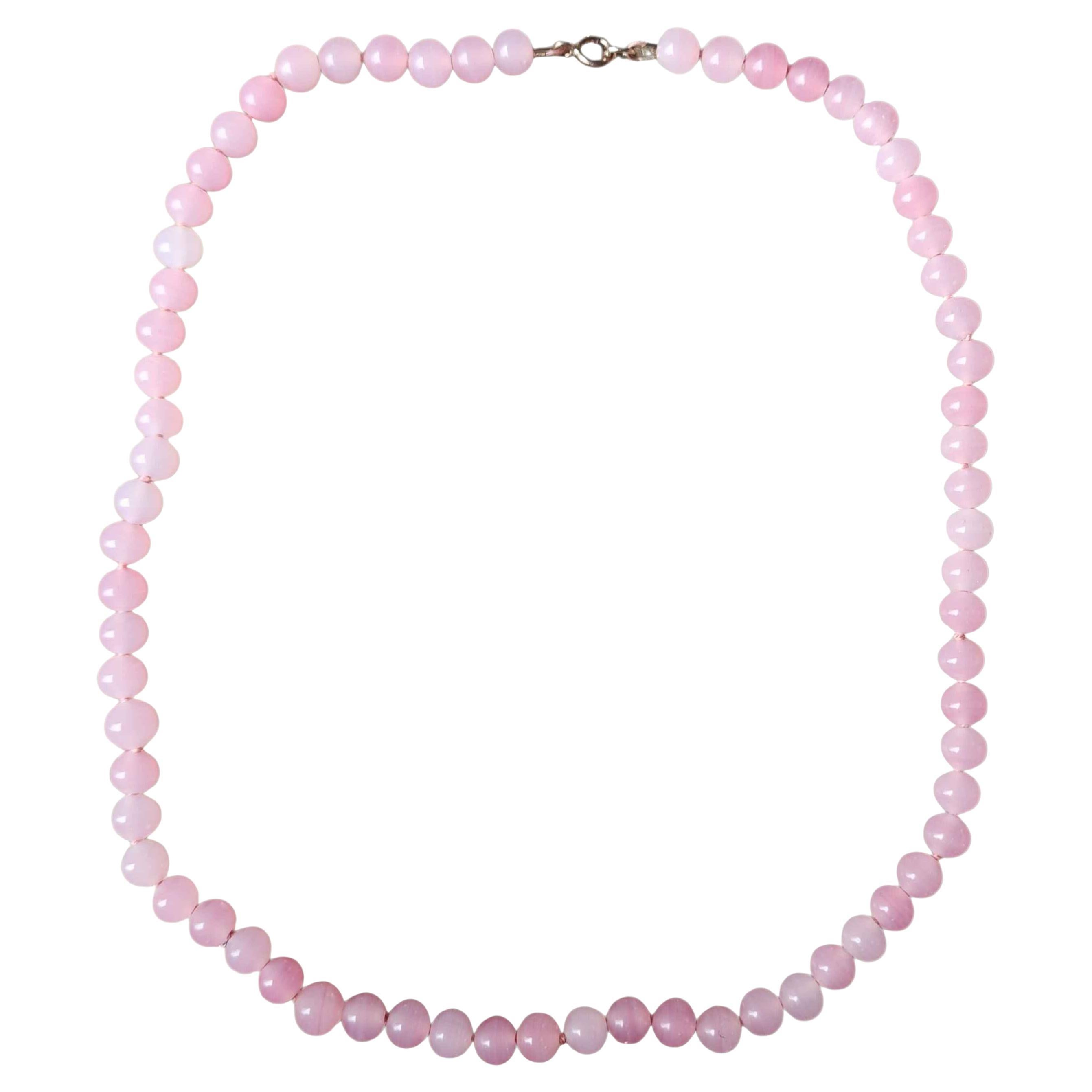 Collana di perle di quarzo rosa naturale - Filo di gemme di colore rosa tenue, chiusura in argento