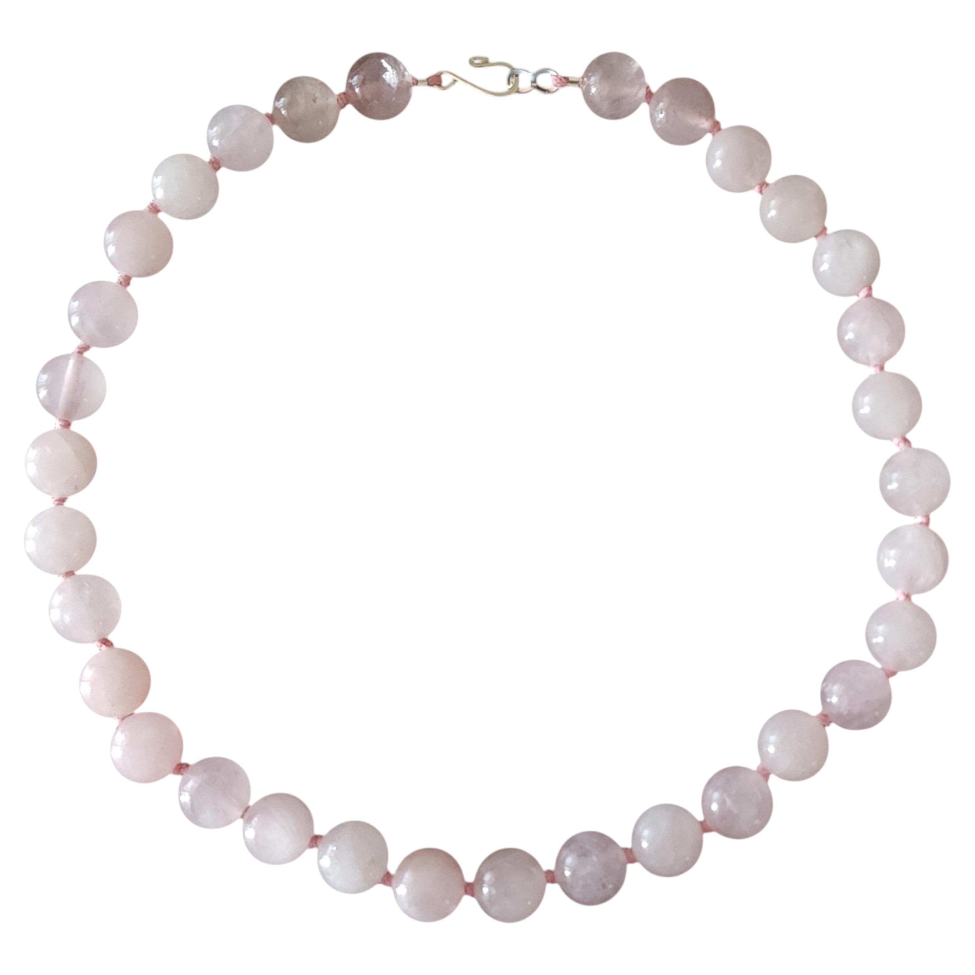 Natural Pink Quartz Bead Necklace — Soft Blush Gemstone Strand, Sterling Clasp For Sale