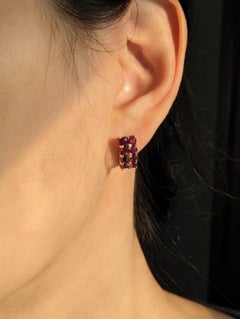 Natural Pink Red Ruby Cluster Half Hoop Stud Earrings 9ct Gold Two Row Channel