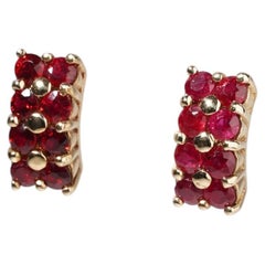 Natural Pink Red Ruby Cluster Half Hoop Stud Earrings 9ct Gold Two Row Channel