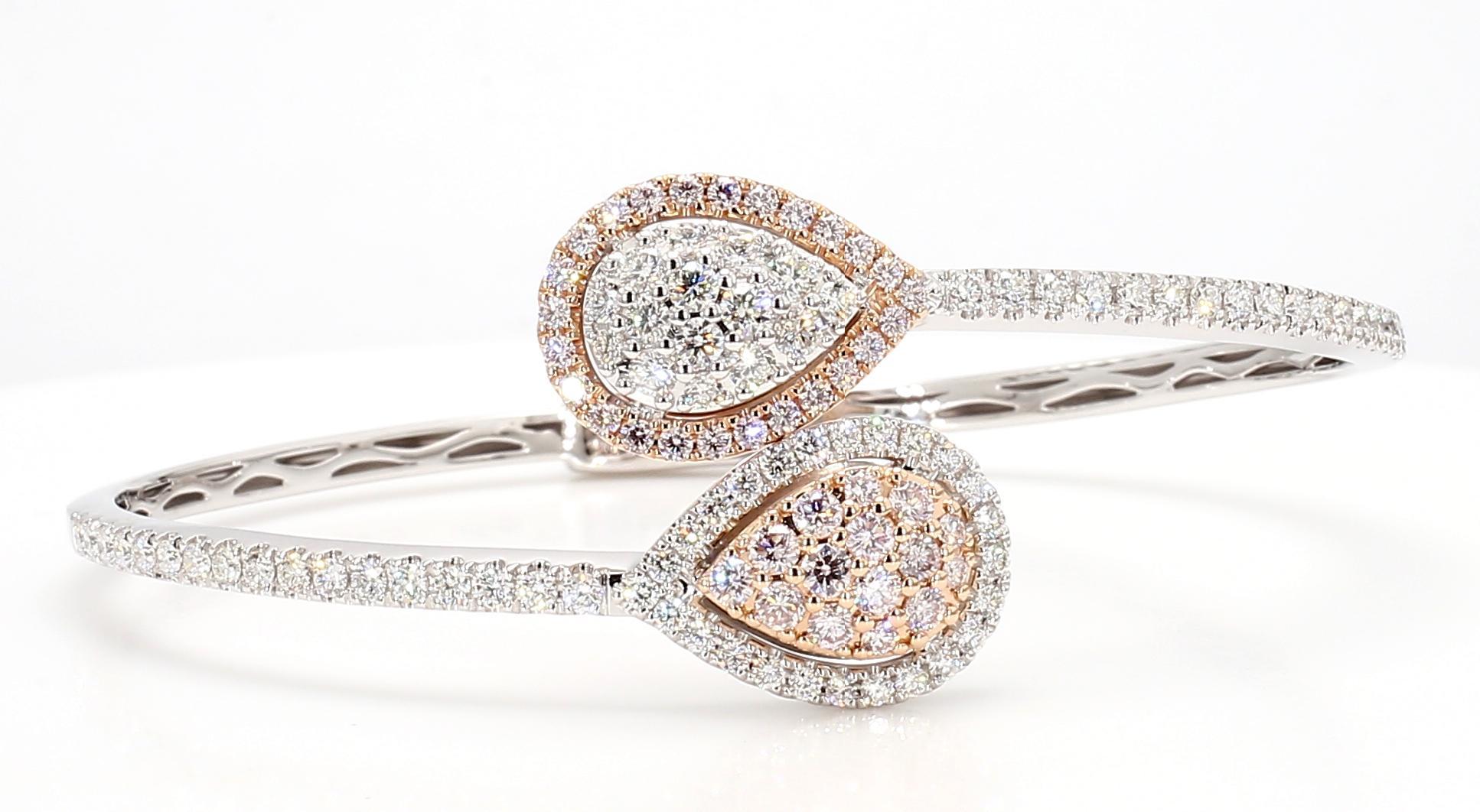 Contemporary Natural Pink Round and White Diamond 3.24 Carat TW Gold Cuff Bracelet For Sale