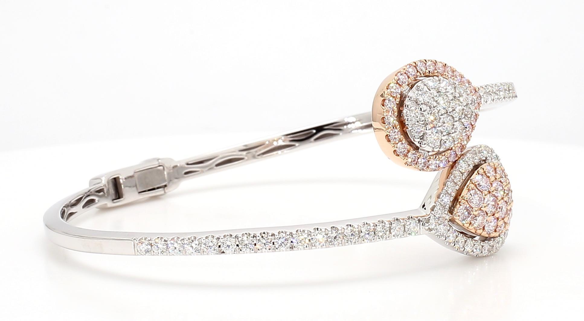 Round Cut Natural Pink Round and White Diamond 3.24 Carat TW Gold Cuff Bracelet For Sale