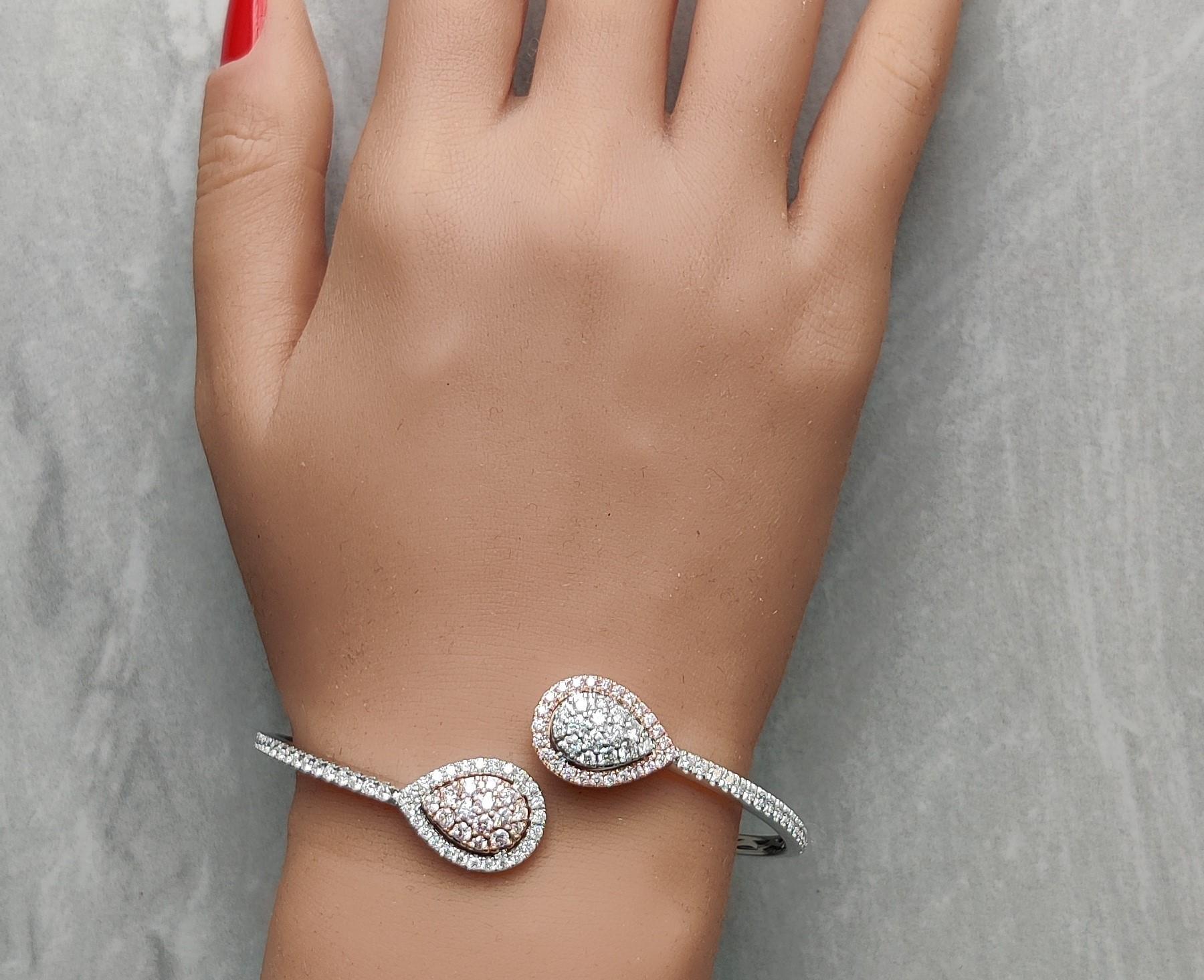 Natural Pink Round and White Diamond 3.24 Carat TW Gold Cuff Bracelet In New Condition For Sale In New York, NY