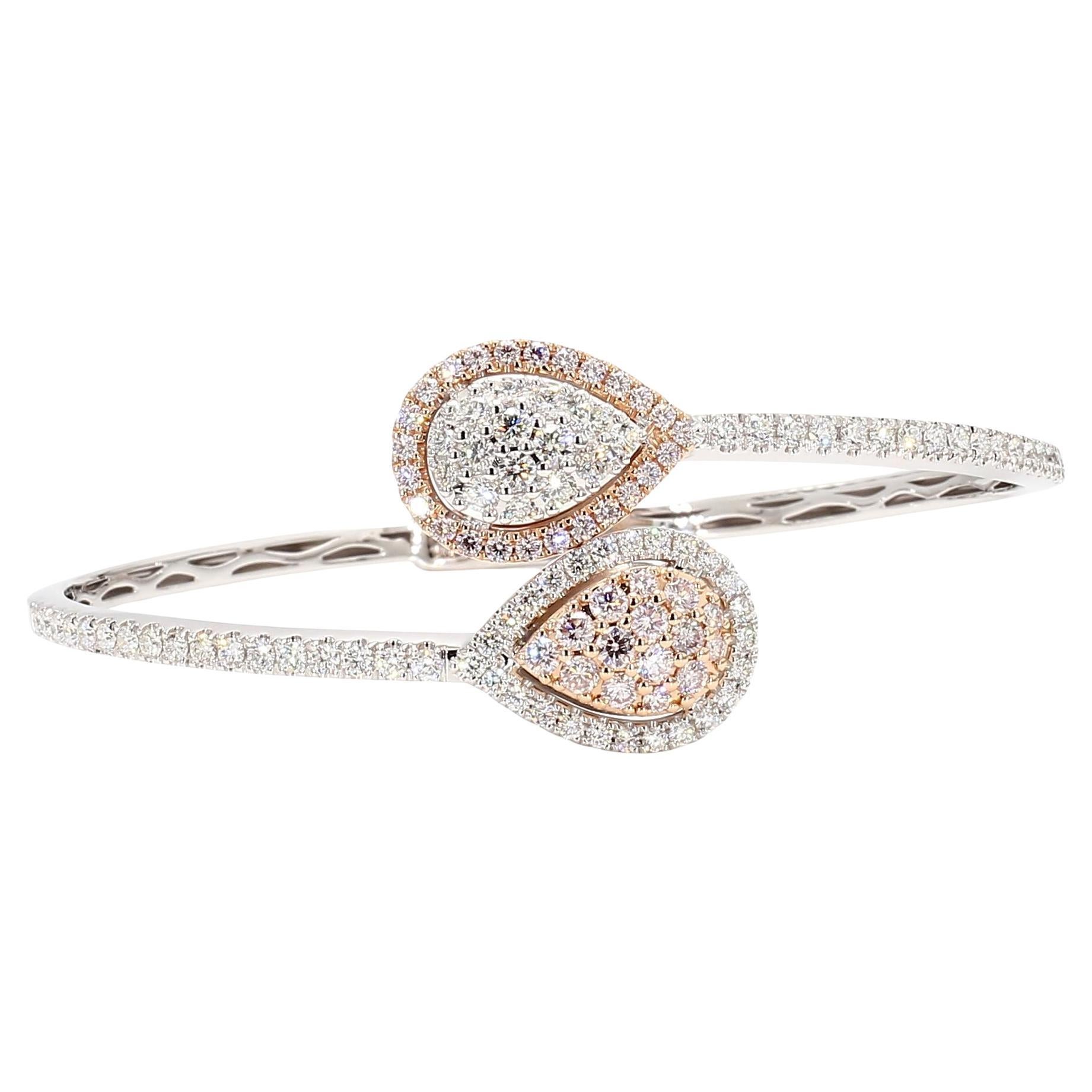 Natural Pink Round and White Diamond 3.24 Carat TW Gold Cuff Bracelet