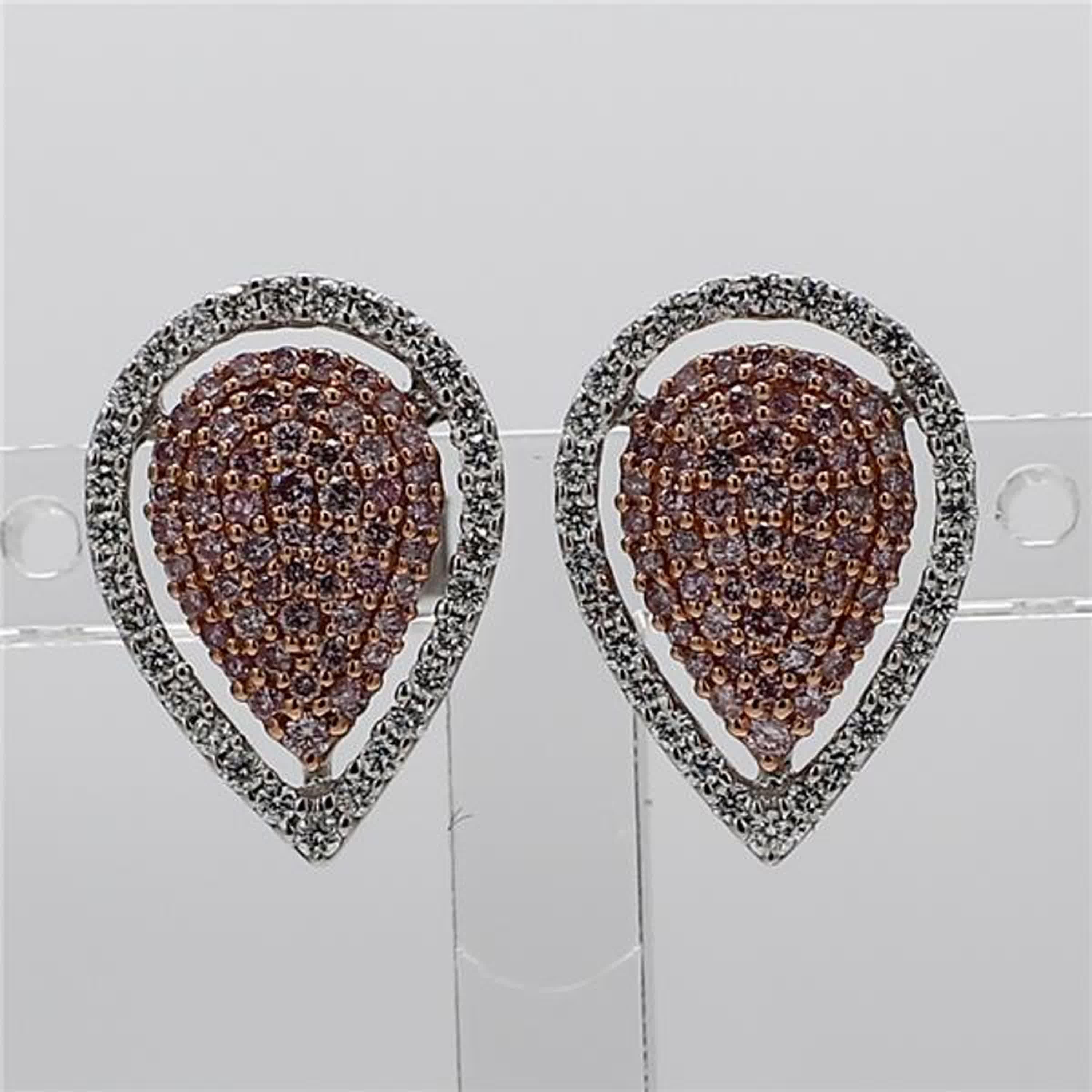 RareGemWorld's classic diamond earrings. Mounted in a beautiful 18K Rose and White Gold setting with natural round cut pink diamond melee complimented by small round natural white diamond melee in a beautiful pear shape. These earrings are