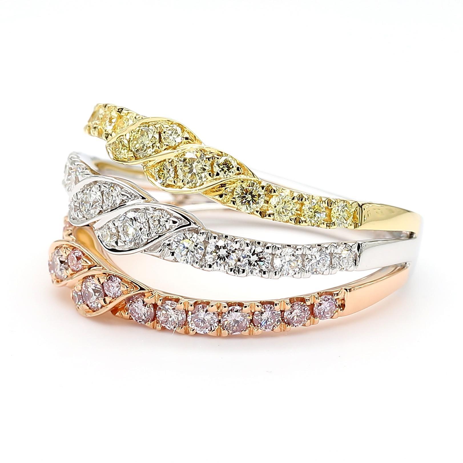 RareGemWorld's beautiful diamond ring. Mounted in a beautiful 18K Rose and White Gold setting with natural round pink diamond melee complimented by natural round white diamond melee and natural round yellow diamond melee. This ring is guaranteed to