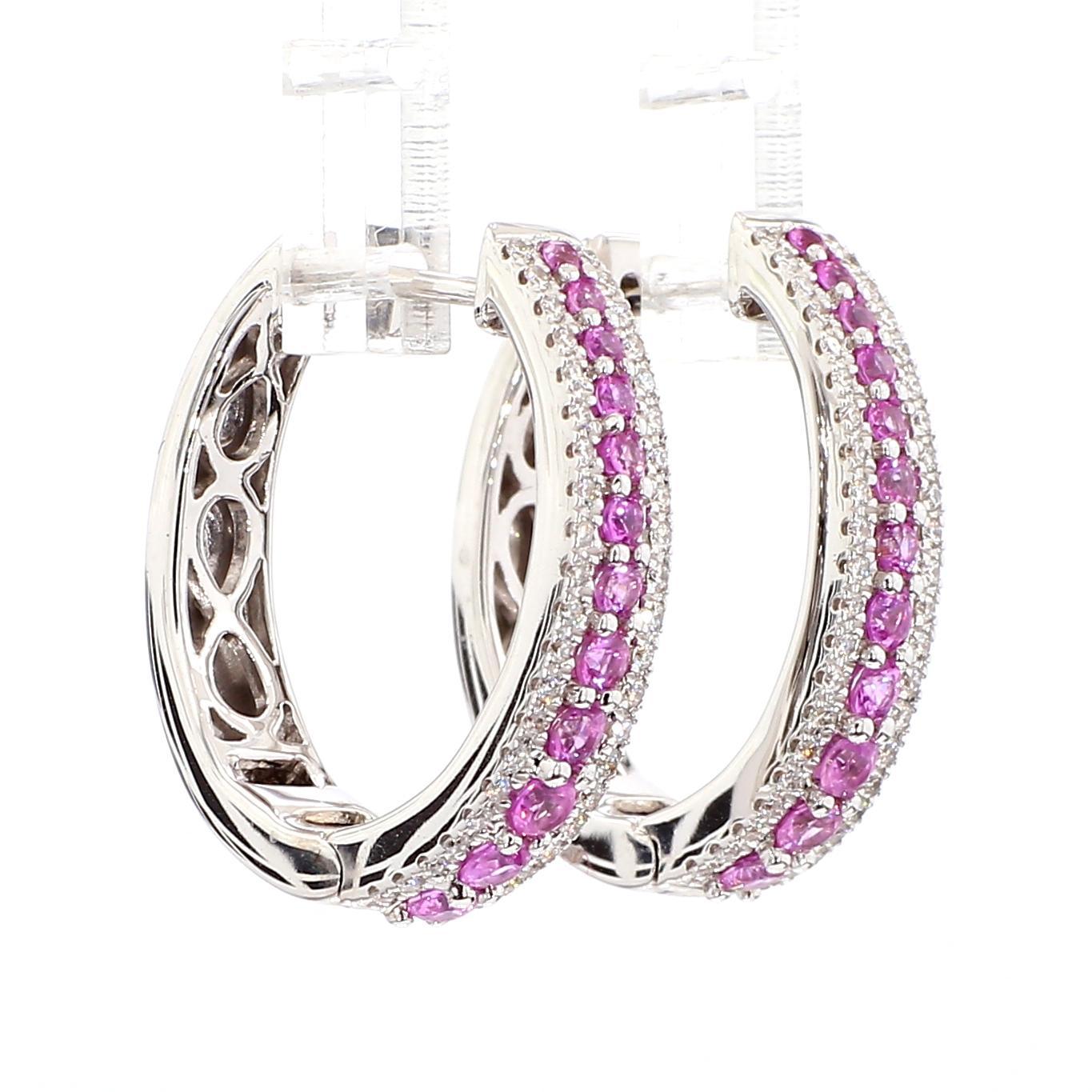 Ohrringe aus Weißgold mit natürlichem rosafarbenem, rundem Saphir und weißem Diamant 1.22 Karat (Rundschliff) im Angebot