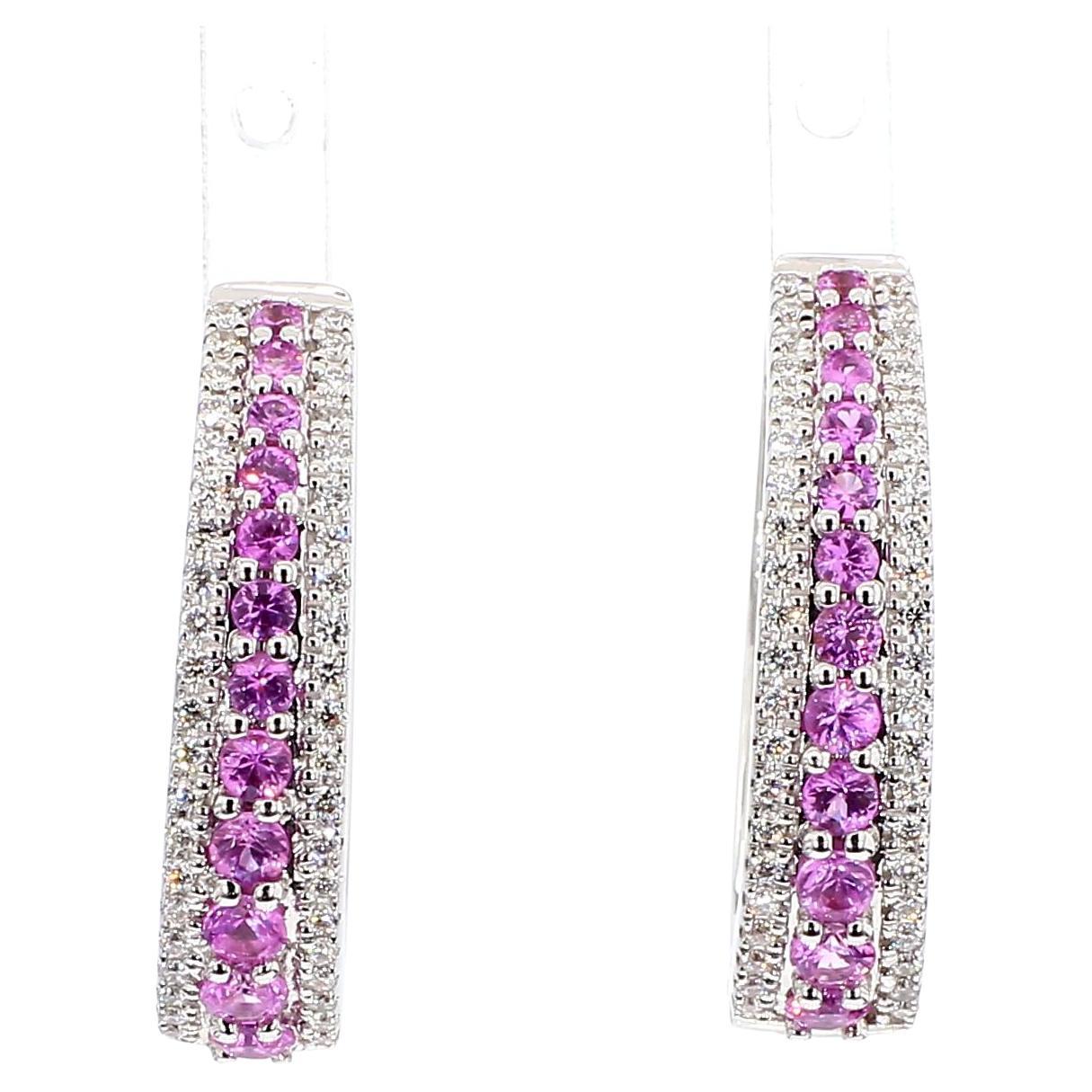 Natural Pink Round Sapphire and White Diamond 1.22 Carat TW White Gold Earrings