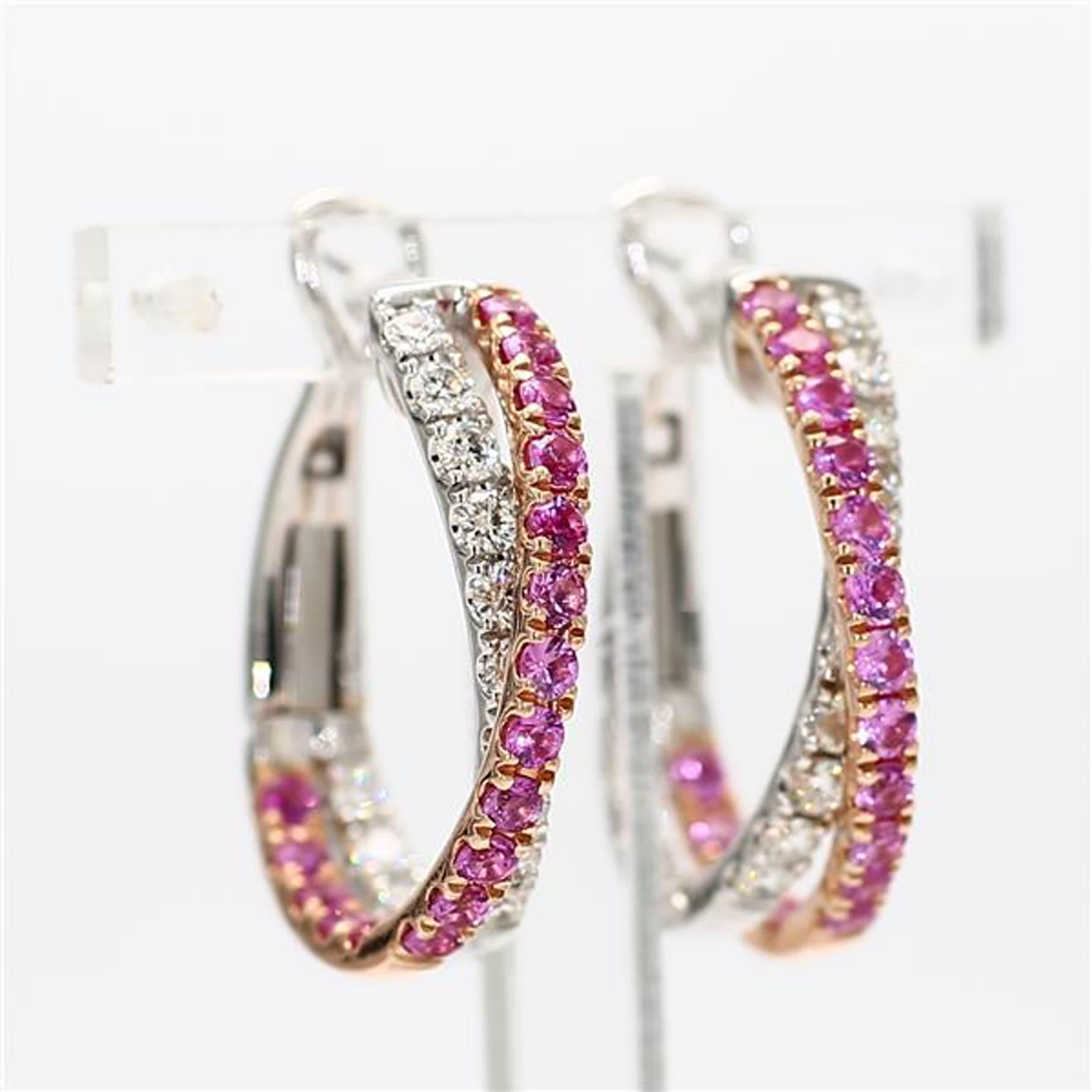 Natural Pink Round Sapphire and White Diamond 1.93 Carat TW Rose Gold Earrings 1