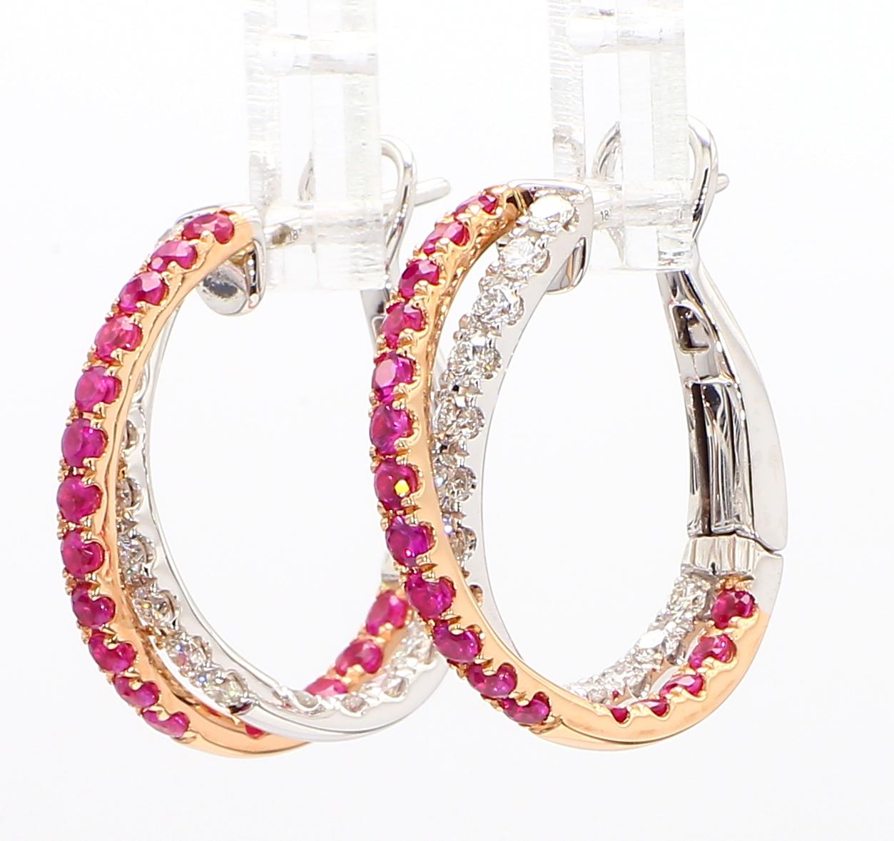 RareGemWorld's classic sapphire earrings. Mounted in a beautiful 18K Rose and White Gold setting with natural round cut pink sapphires. These earrings include both natural round pink sapphires and natural round white diamond melee in a beautiful