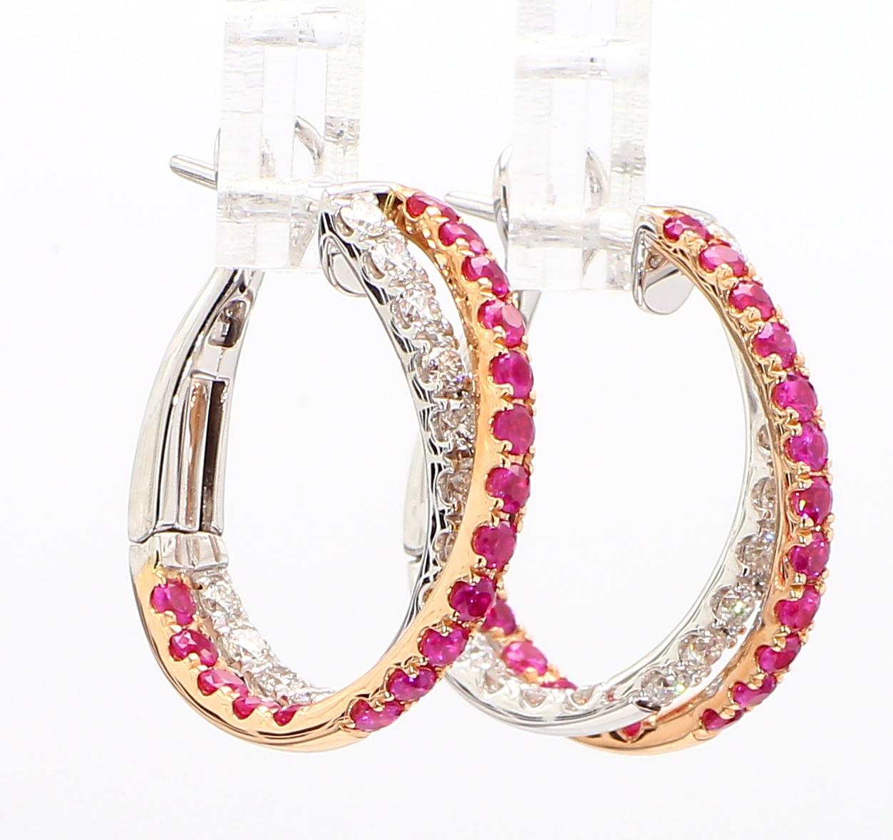 Natural Pink Round Sapphire and White Diamond 2.01 Carat TW Rose Gold Earrings For Sale 2