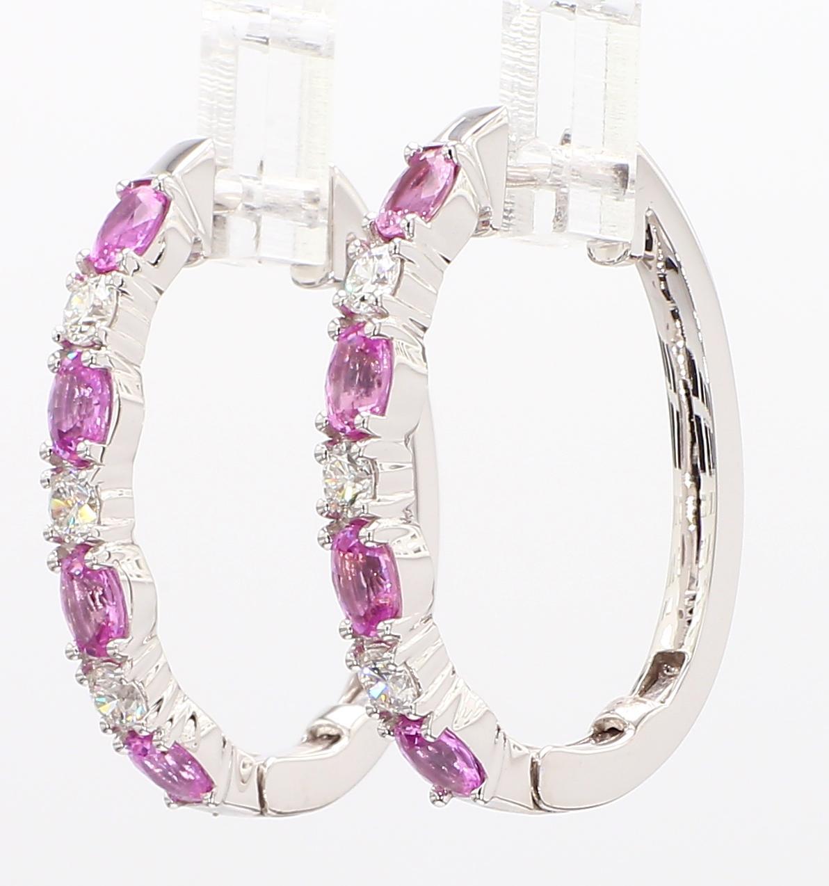 Contemporary Natural Pink Round Sapphire and White Diamond 2.40 Carat TW Gold Hoop Earrings For Sale