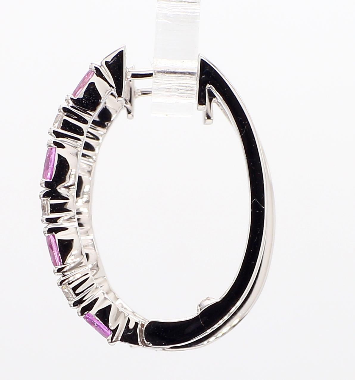 Oval Cut Natural Pink Round Sapphire and White Diamond 2.40 Carat TW Gold Hoop Earrings For Sale