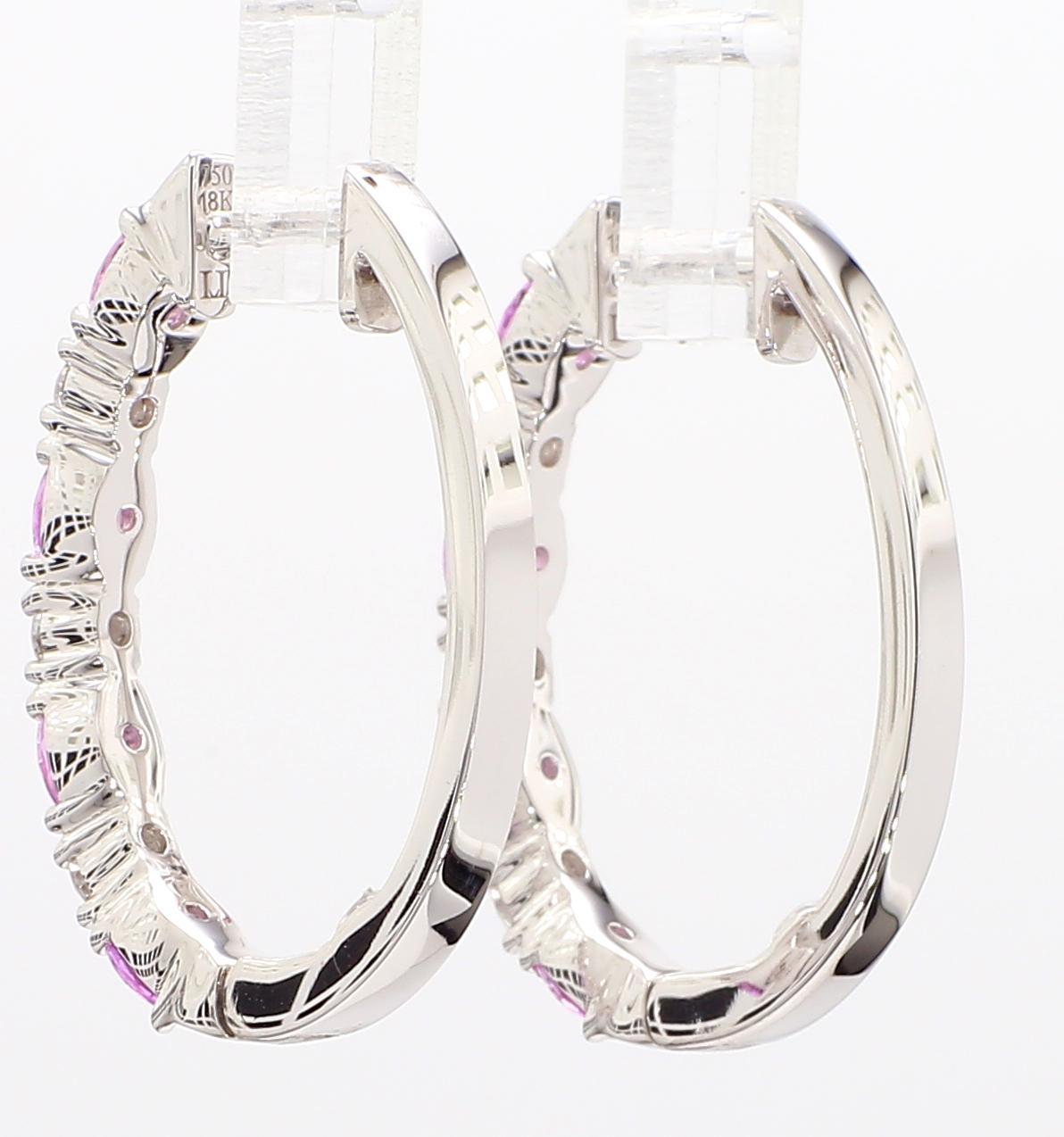 Natural Pink Round Sapphire and White Diamond 2.40 Carat TW Gold Hoop Earrings In New Condition For Sale In New York, NY