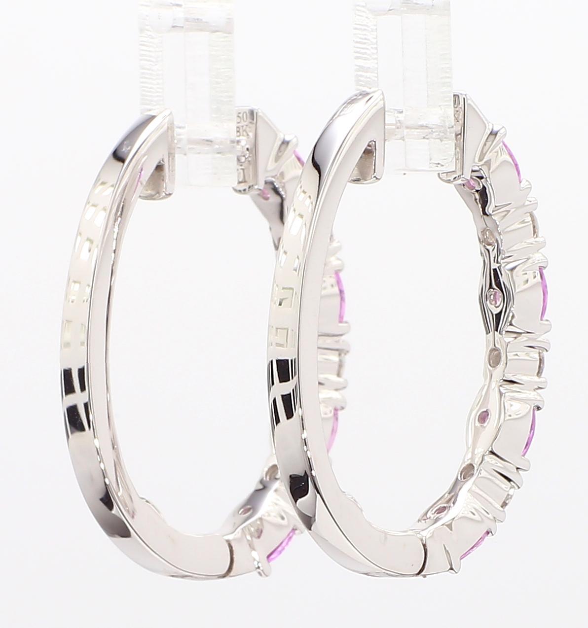 Natural Pink Round Sapphire and White Diamond 2.40 Carat TW Gold Hoop Earrings For Sale 1