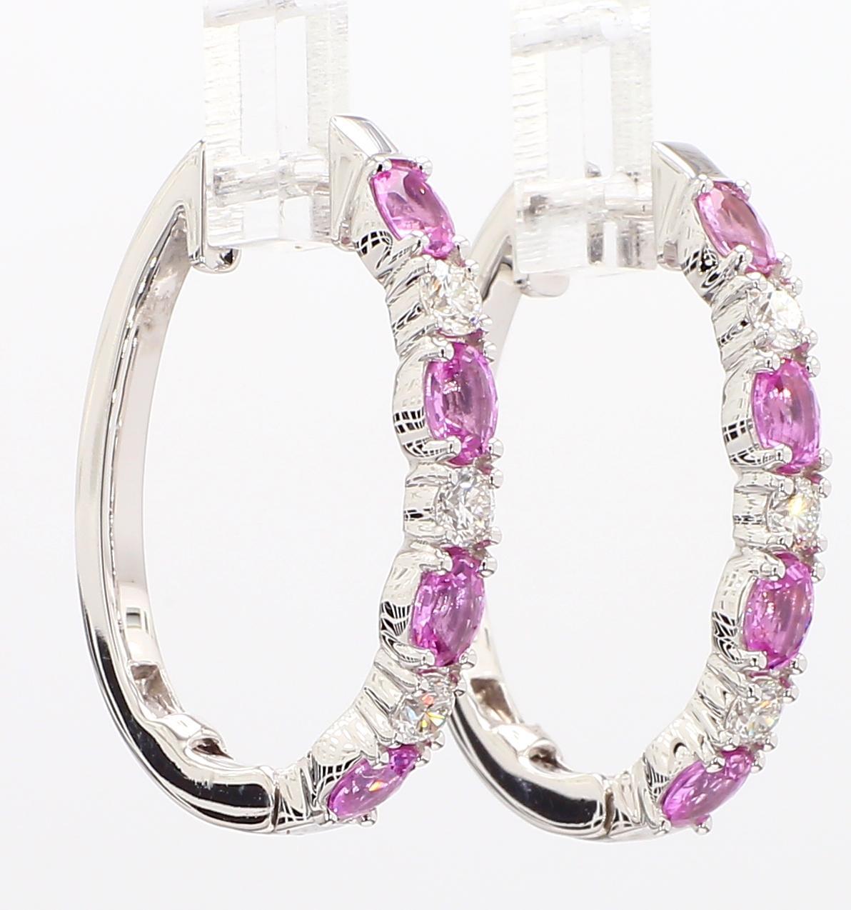 Natural Pink Round Sapphire and White Diamond 2.40 Carat TW Gold Hoop Earrings For Sale 3