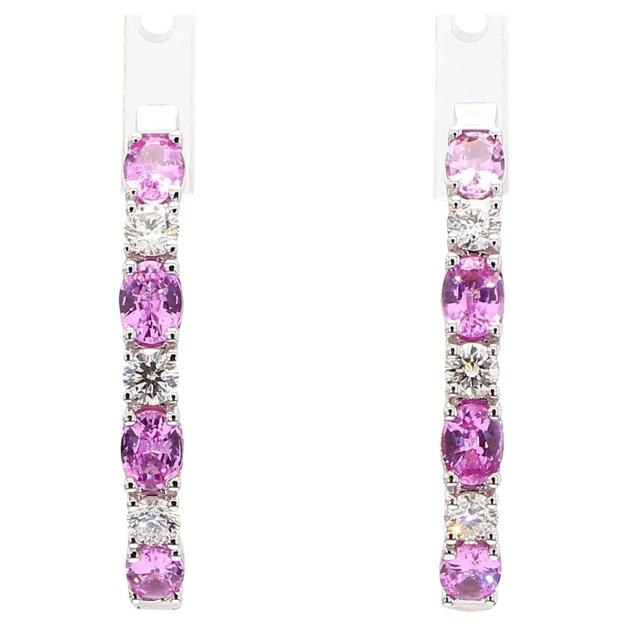 Natural Pink Round Sapphire and White Diamond 2.40 Carat TW Gold Hoop Earrings