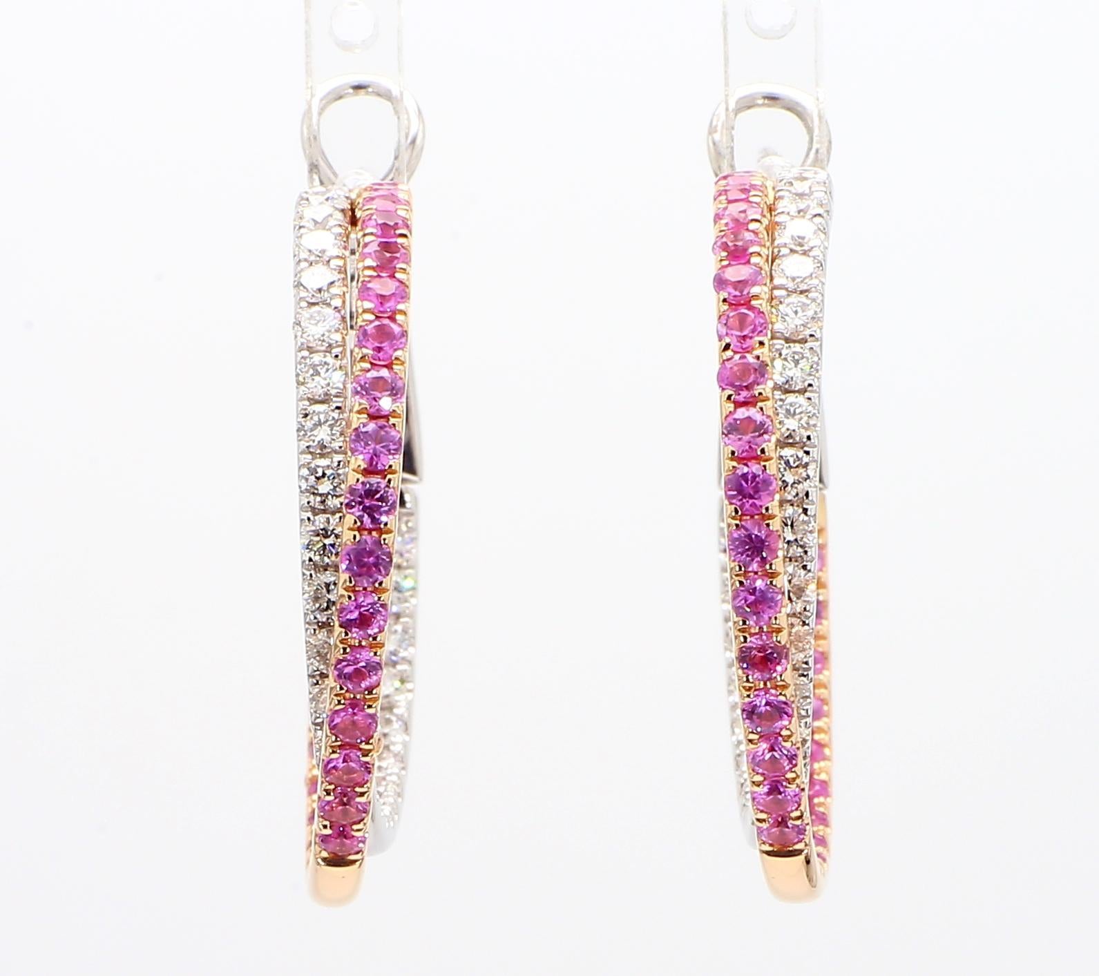 Pendientes de Zafiro Redondo Rosa Natural y Diamante Blanco 3.01 Quilates TW Oro Rosa Contemporáneo en venta