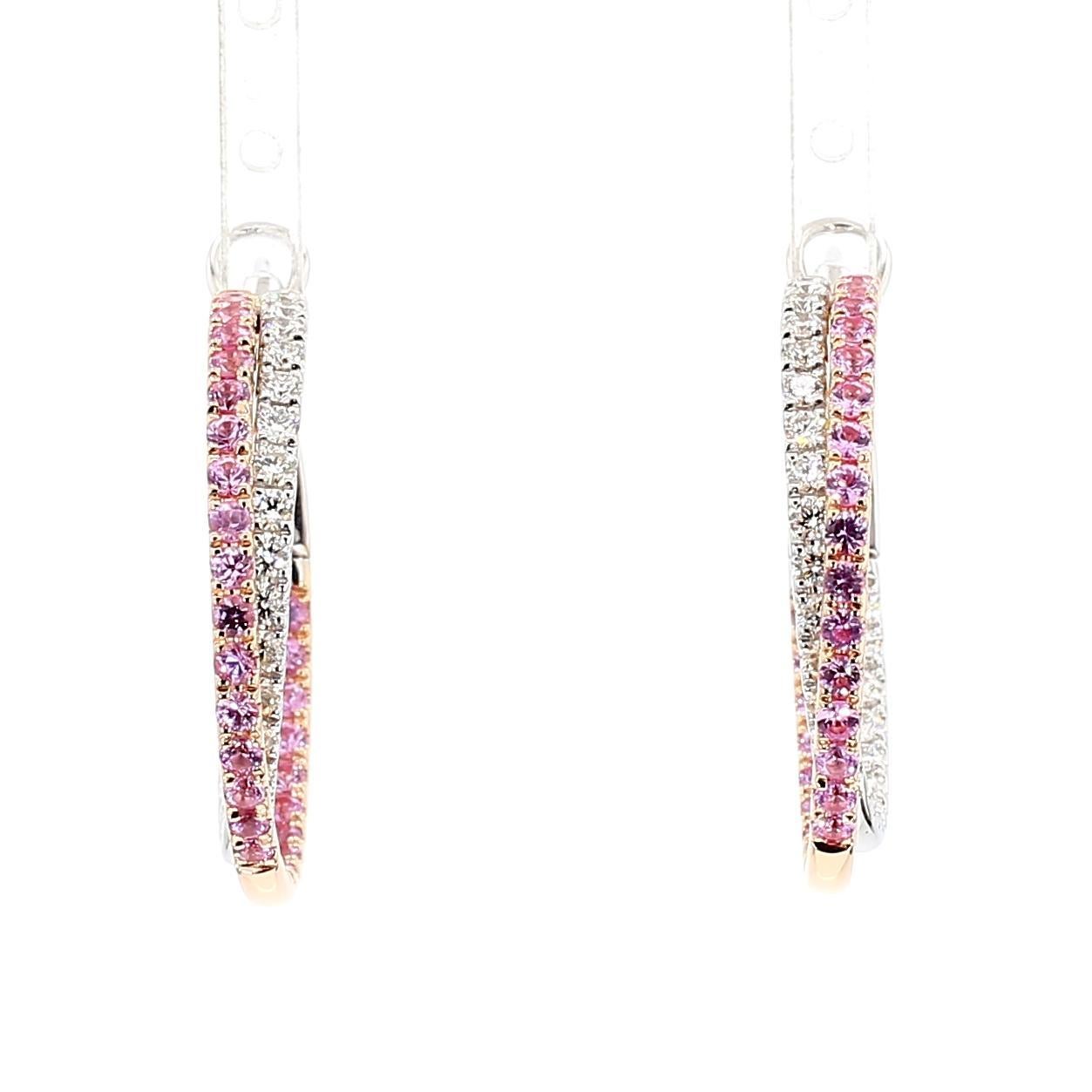 Pendientes de Zafiro Redondo Rosa Natural y Diamante Blanco 3.01 Quilates TW Oro Rosa Contemporáneo en venta
