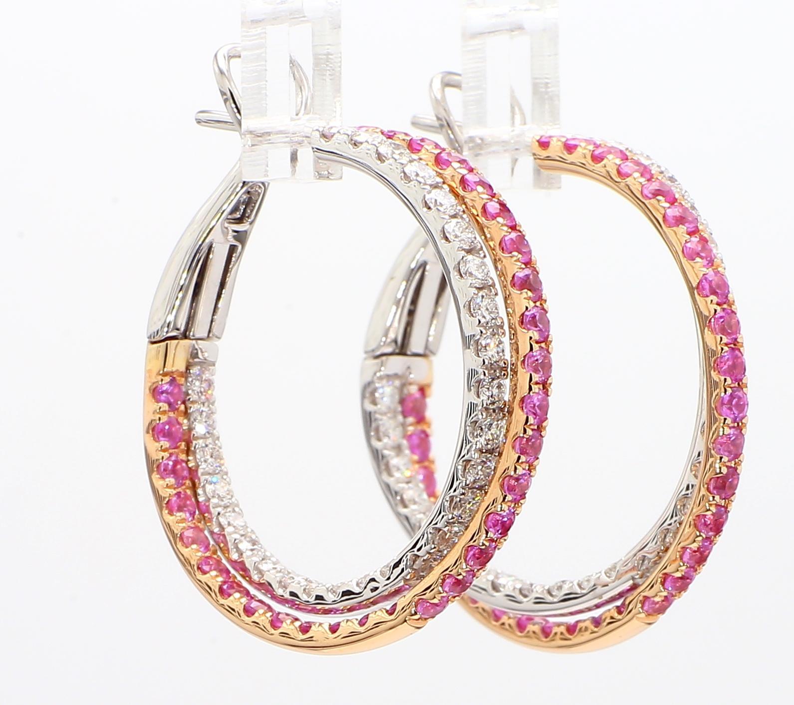 Pendientes de Zafiro Redondo Rosa Natural y Diamante Blanco 3.01 Quilates TW Oro Rosa Corte redondo en venta