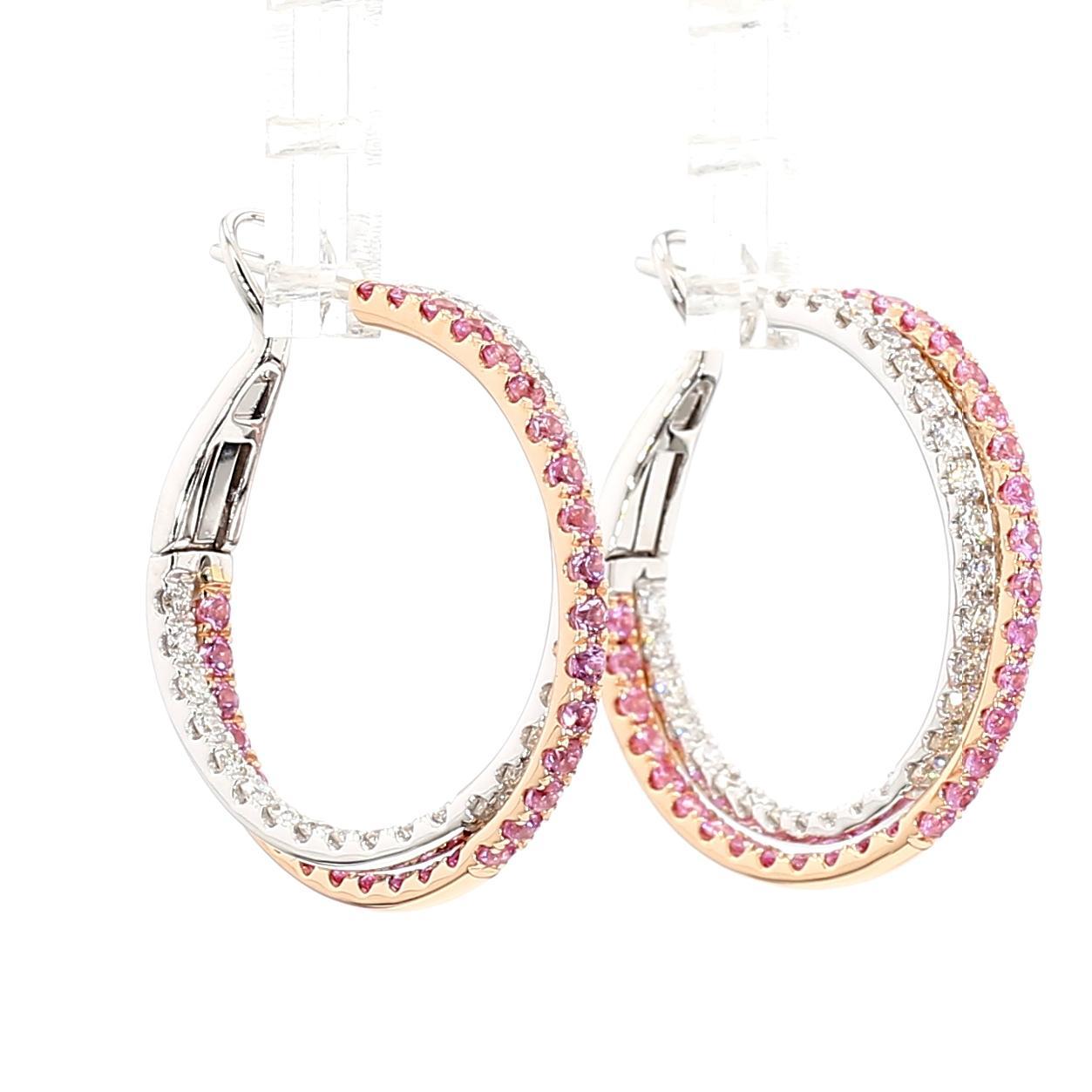 Pendientes de Zafiro Redondo Rosa Natural y Diamante Blanco 3.01 Quilates TW Oro Rosa Corte redondo en venta