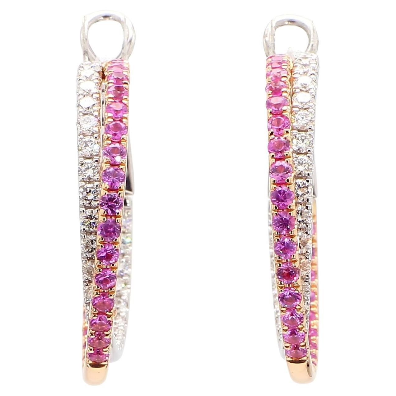 Natural Pink Round Sapphire and White Diamond 3.01 Carat TW Rose Gold Earrings
