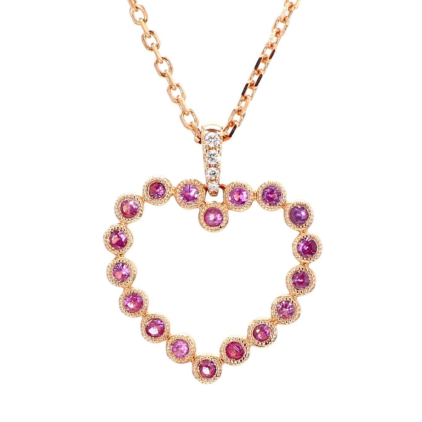 Contemporary Natural Pink Round Sapphire and White Diamond .33 Carat TW Rose Gold Pendant For Sale