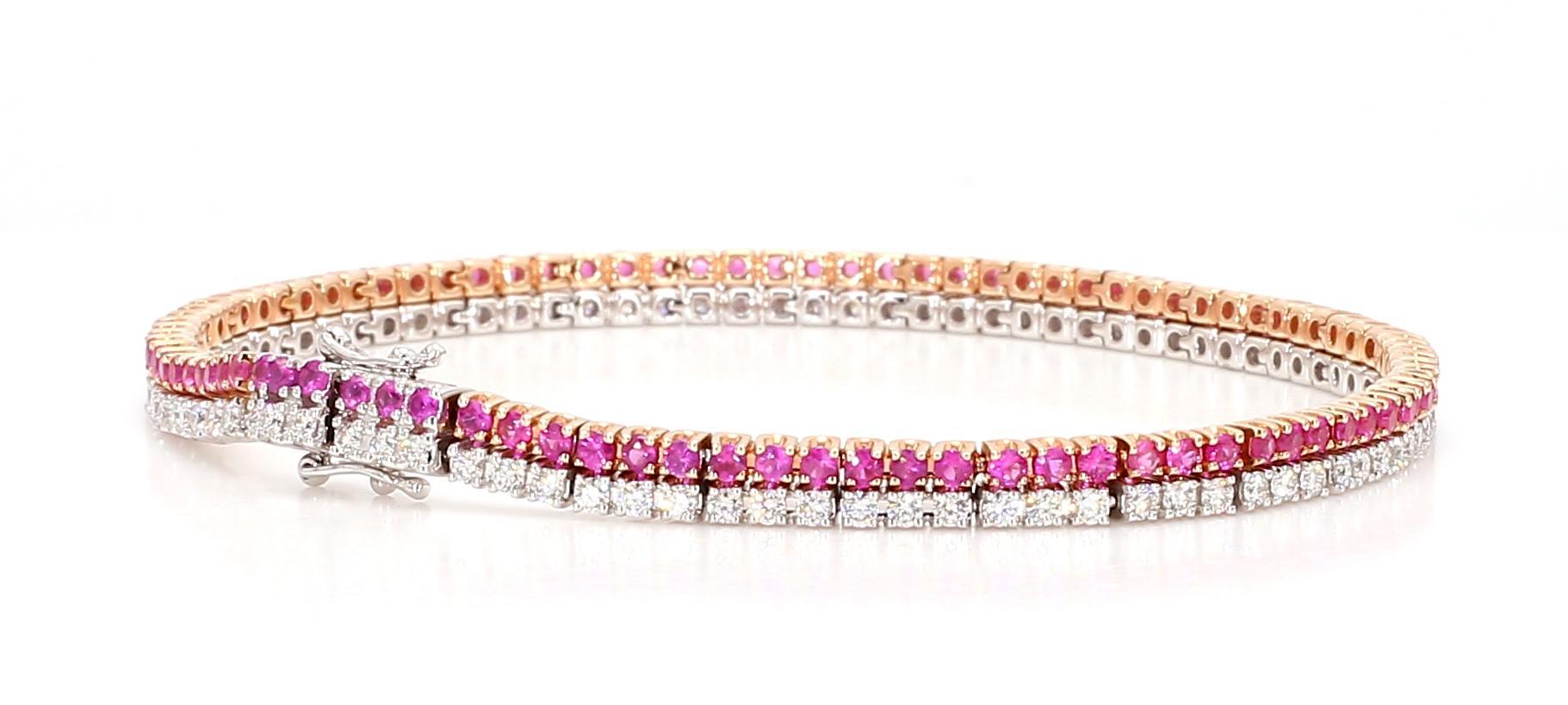 Contemporary Natural Pink Round Sapphire and White Diamond 3.50 Carat TW Gold Tennis Bracelet For Sale