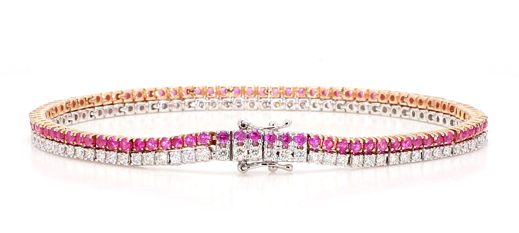 Round Cut Natural Pink Round Sapphire and White Diamond 3.50 Carat TW Gold Tennis Bracelet For Sale