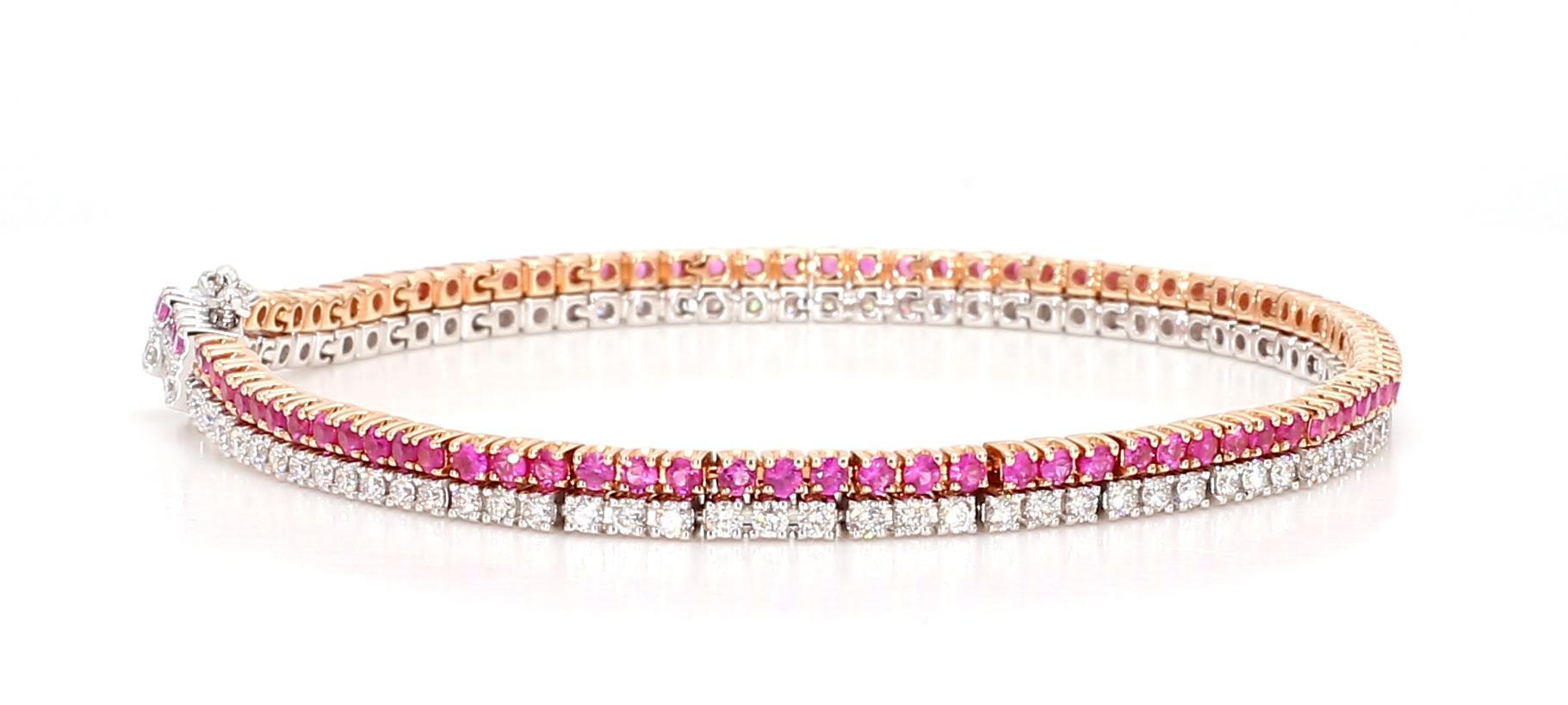 Natural Pink Round Sapphire and White Diamond 3.50 Carat TW Gold Tennis Bracelet In New Condition For Sale In New York, NY