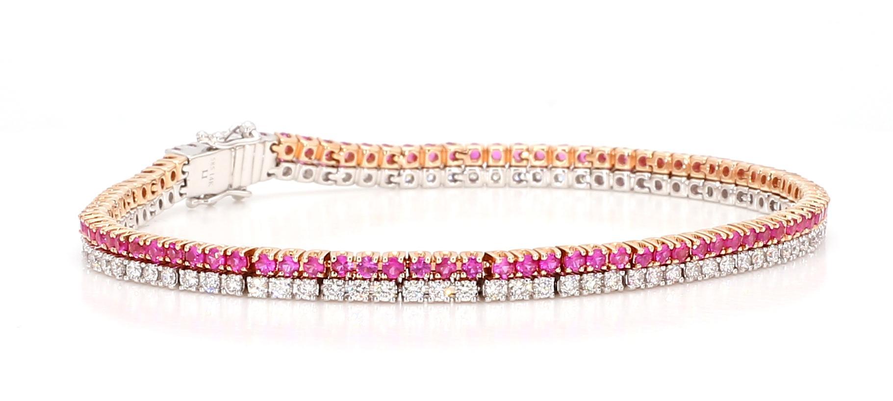Women's Natural Pink Round Sapphire and White Diamond 3.50 Carat TW Gold Tennis Bracelet For Sale