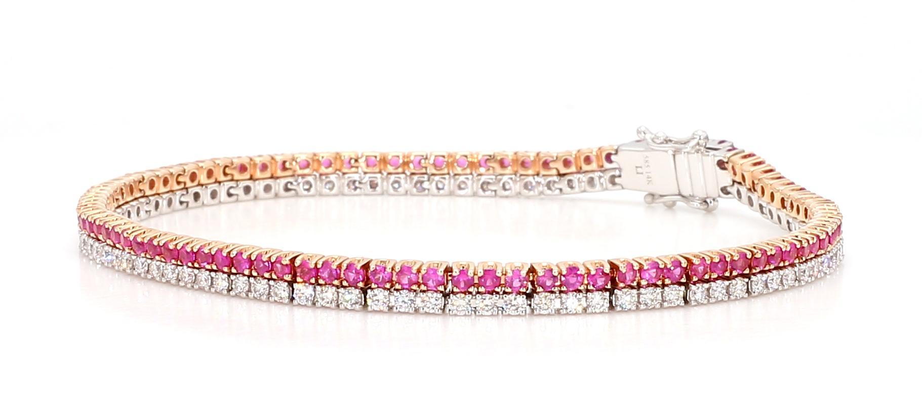 Natural Pink Round Sapphire and White Diamond 3.50 Carat TW Gold Tennis Bracelet For Sale 1