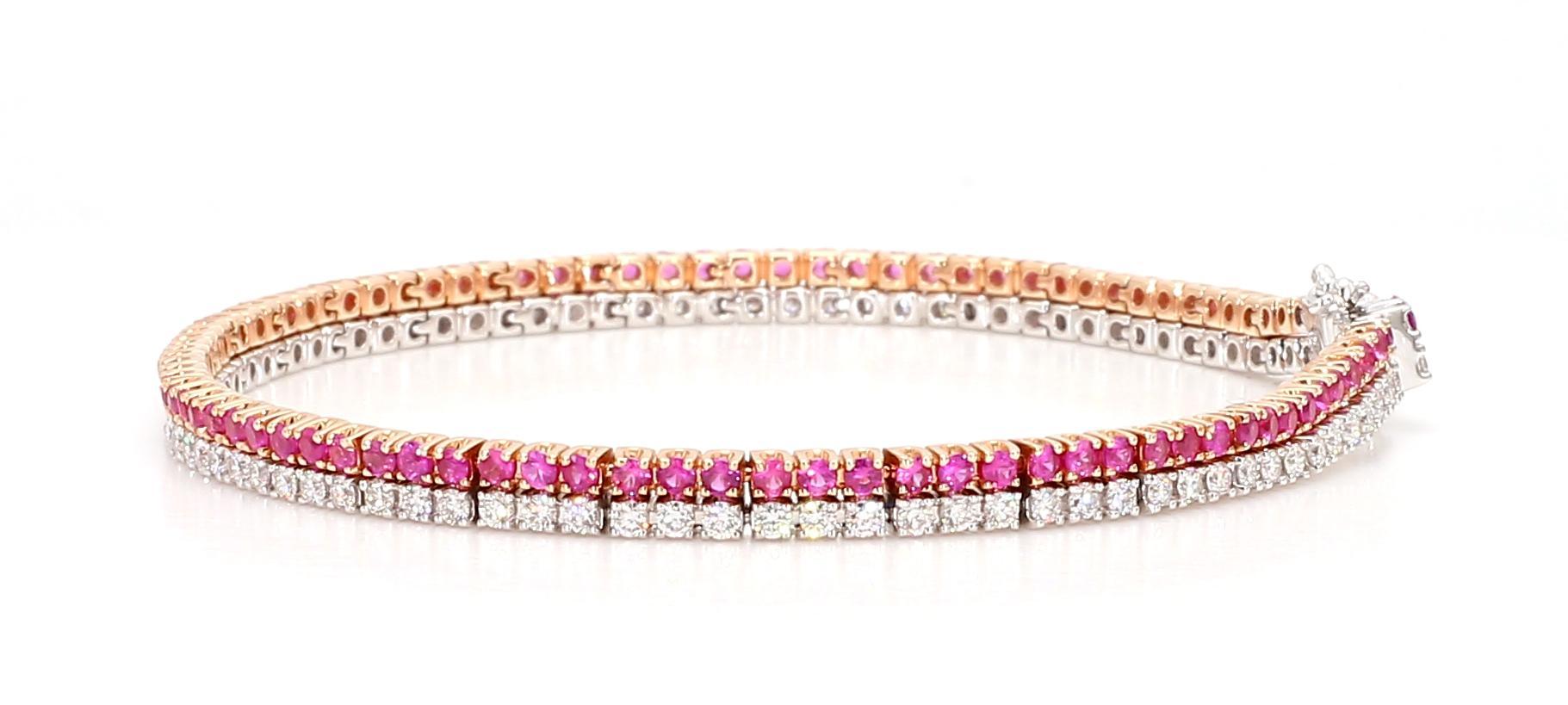 Natural Pink Round Sapphire and White Diamond 3.50 Carat TW Gold Tennis Bracelet For Sale 2