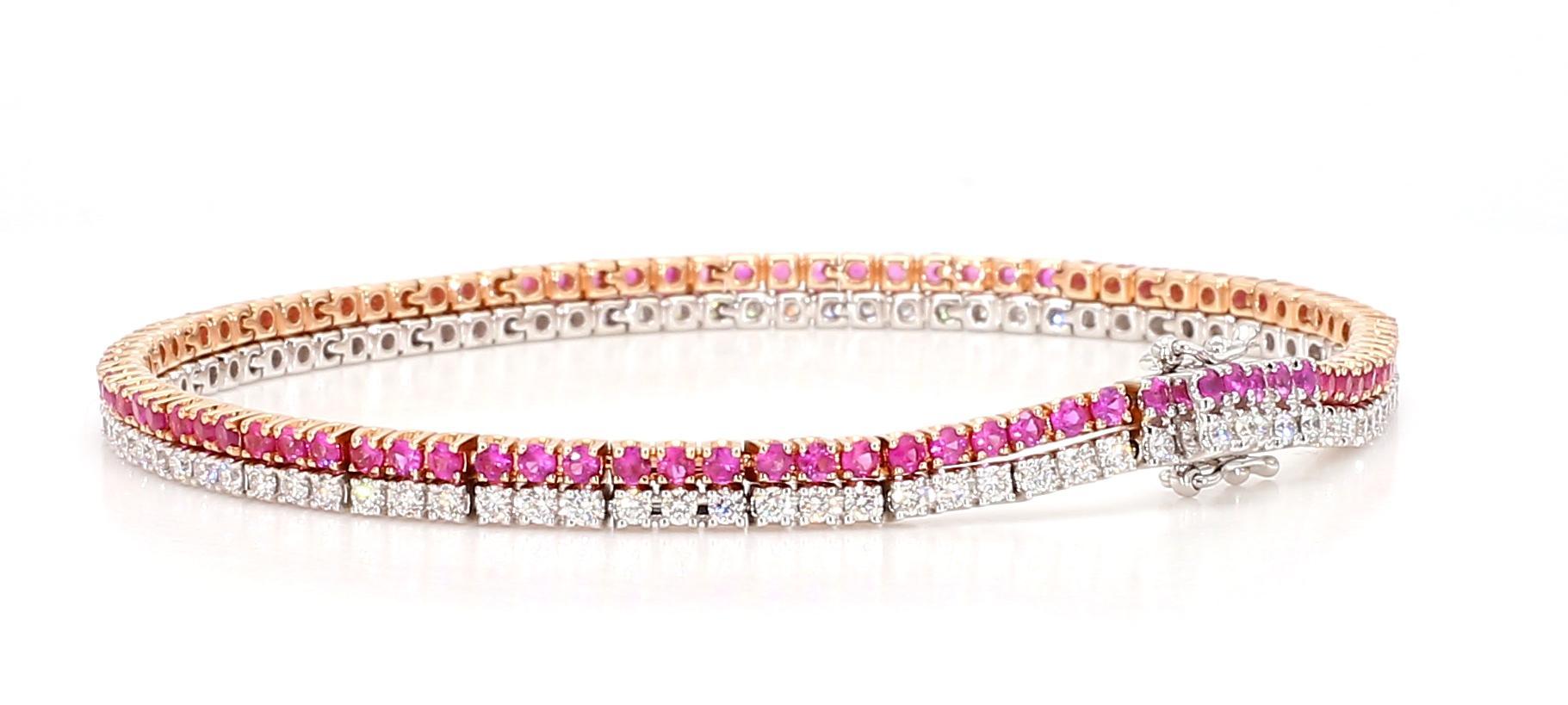 Natural Pink Round Sapphire and White Diamond 3.50 Carat TW Gold Tennis Bracelet For Sale 3