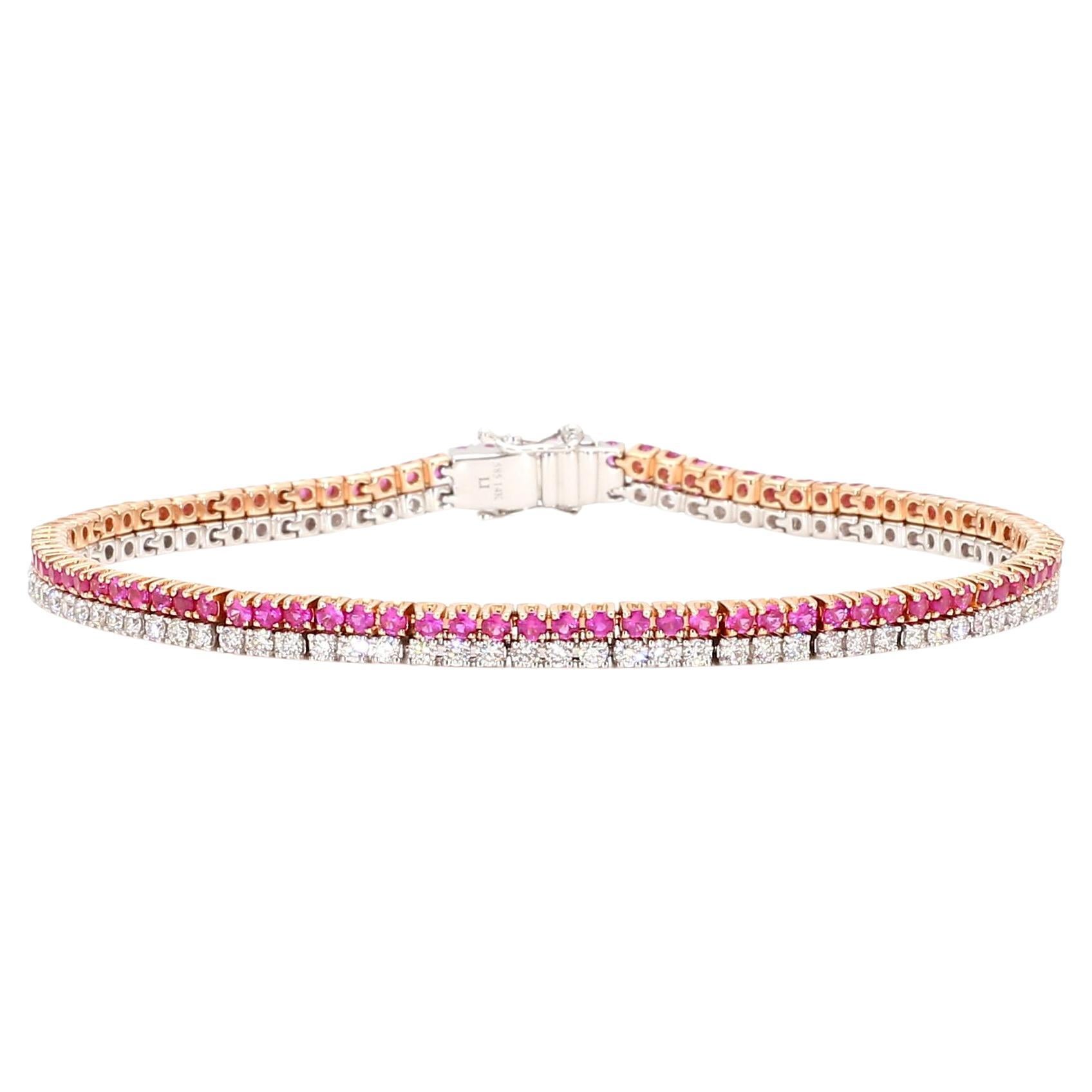 Natural Pink Round Sapphire and White Diamond 3.50 Carat TW Gold Tennis Bracelet For Sale