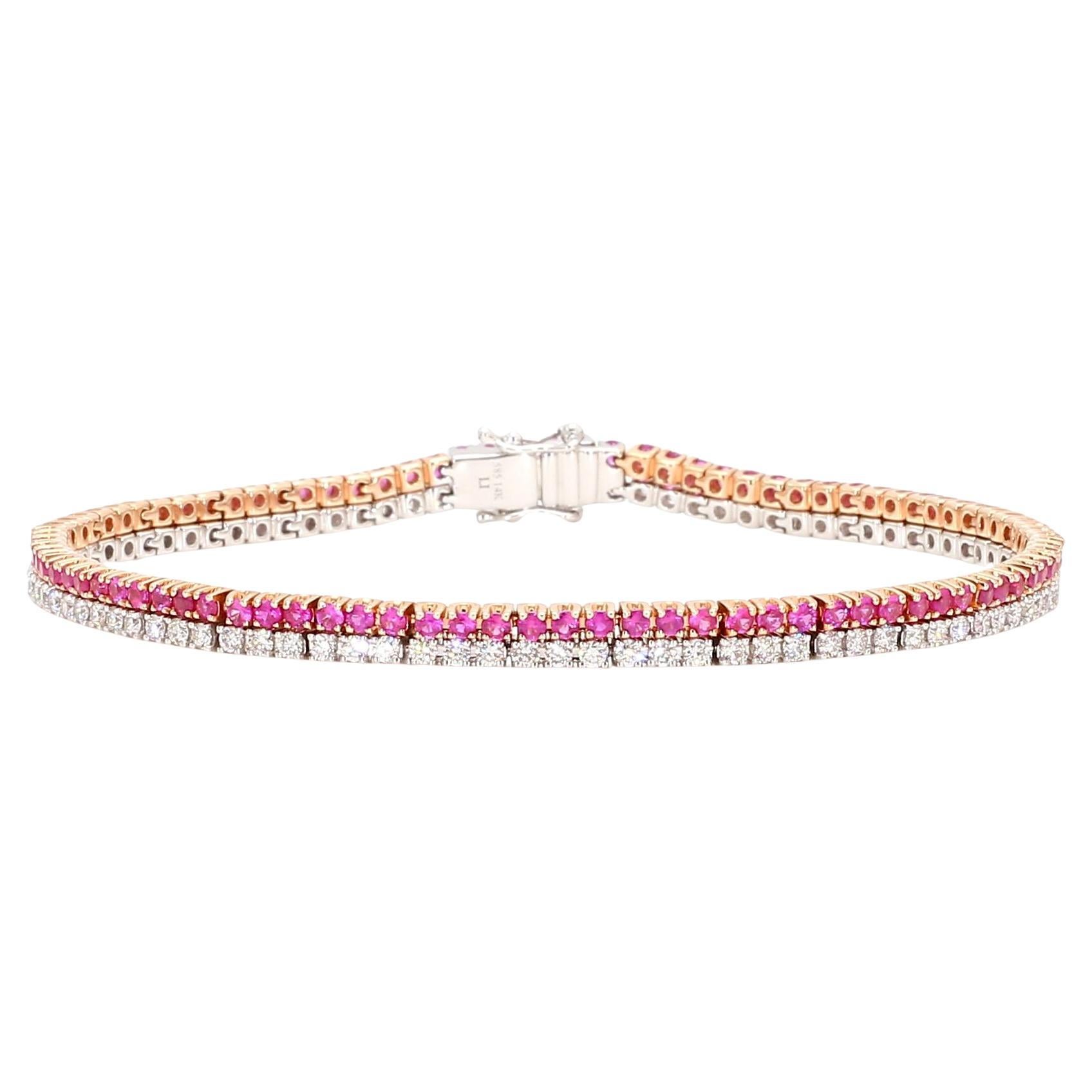Bracciale da tennis in oro con zaffiro tondo rosa naturale e diamante bianco da 3,50 carati TW