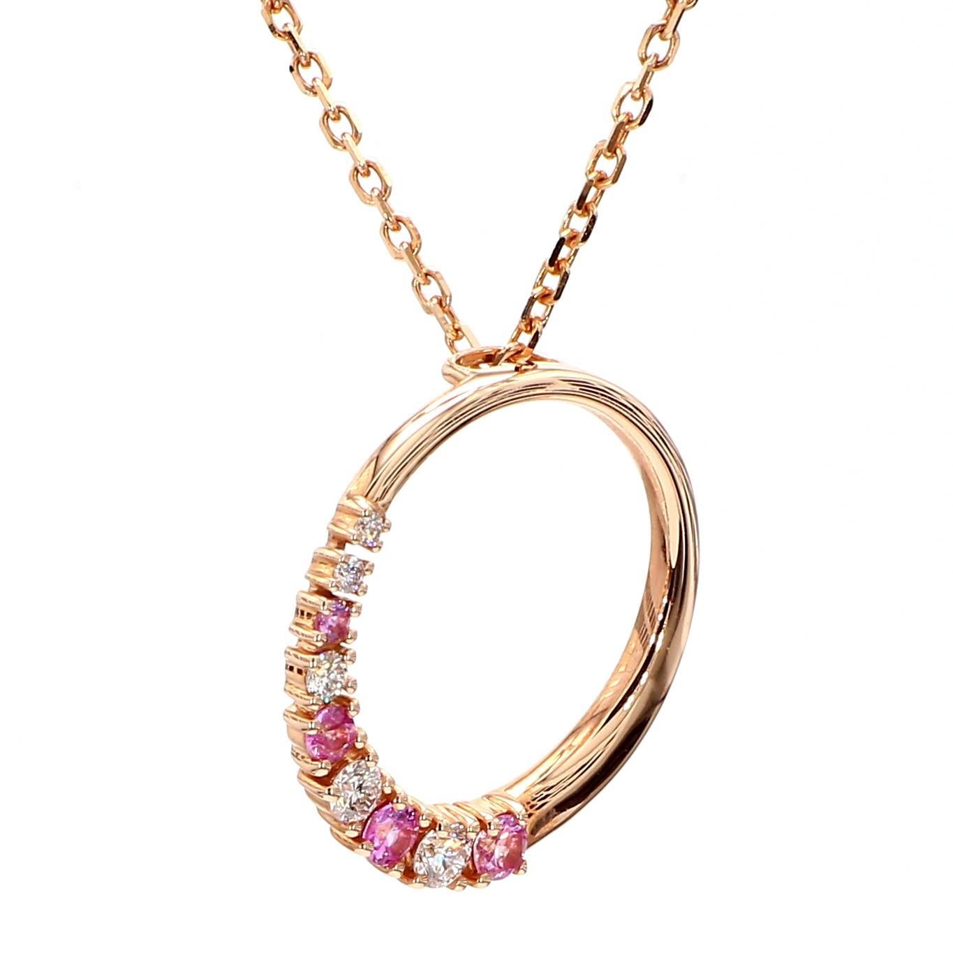 Round Cut Natural Pink Round Sapphire and White Diamond .36 Carat TW Rose Gold Pendant For Sale