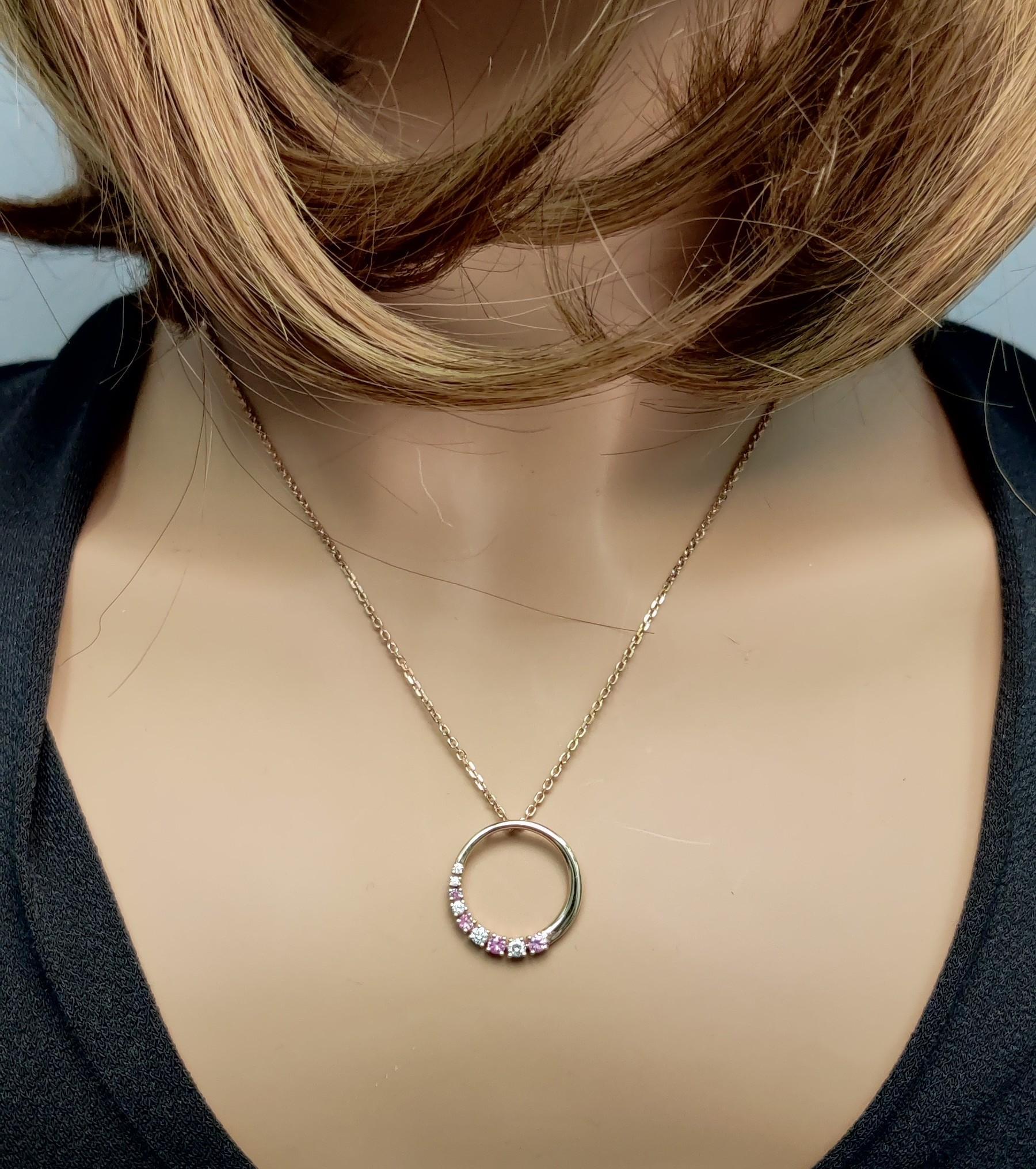 Natural Pink Round Sapphire and White Diamond .36 Carat TW Rose Gold Pendant In New Condition For Sale In New York, NY