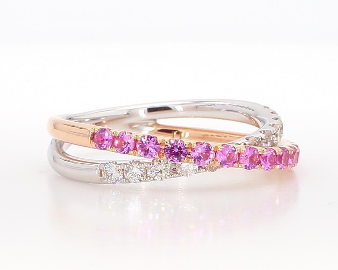 Round Cut Natural Pink Round Sapphire and White Diamond .82 Carat TW Gold Wedding Band For Sale
