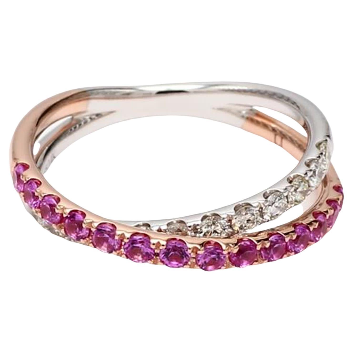 Natural Pink Round Sapphire and White Diamond .82 Carat TW Gold Wedding Band For Sale