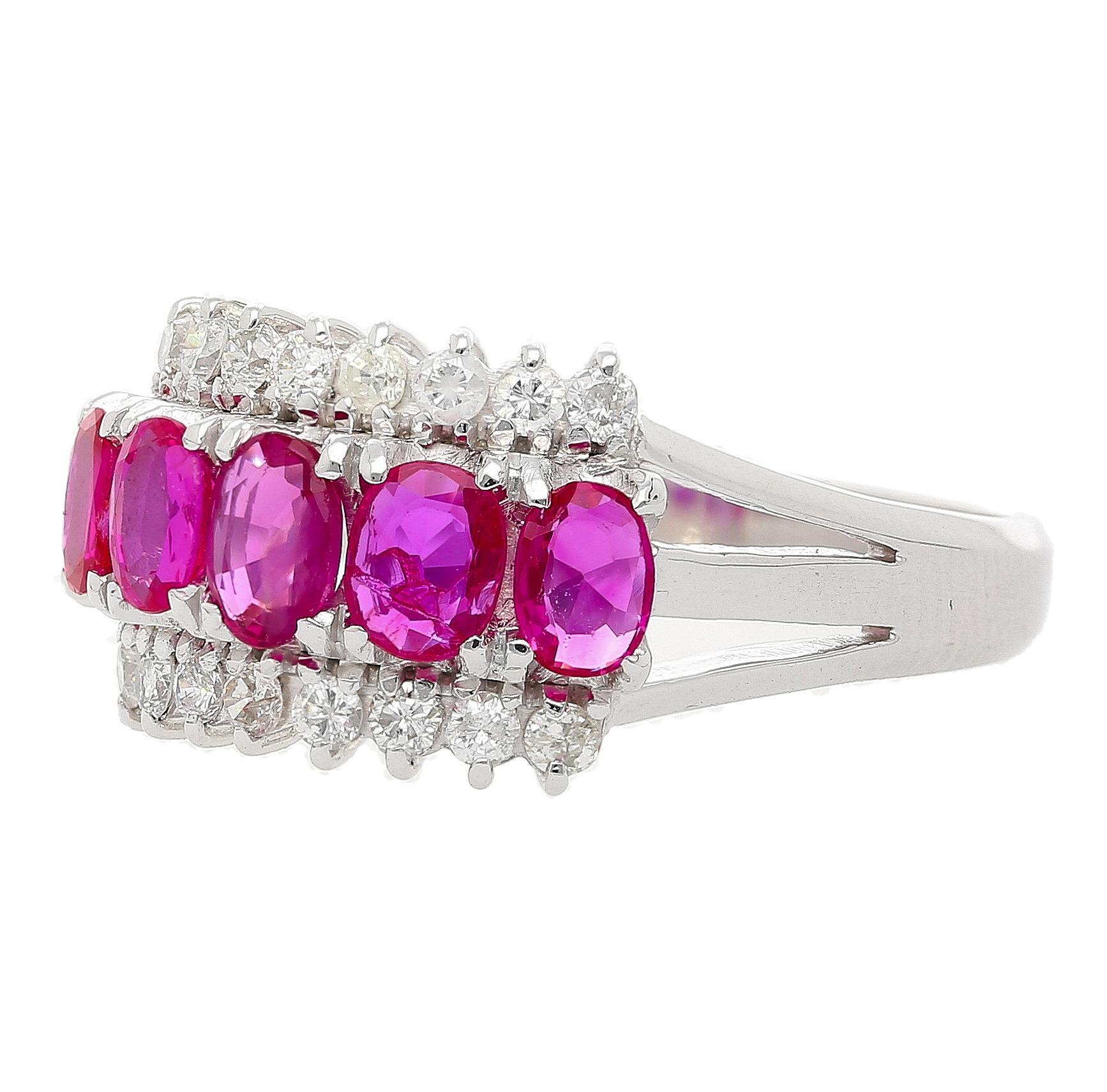 Natural Pink Ruby and Diamond Platinum Wedding Band 5 Stone Ring For Sale 1